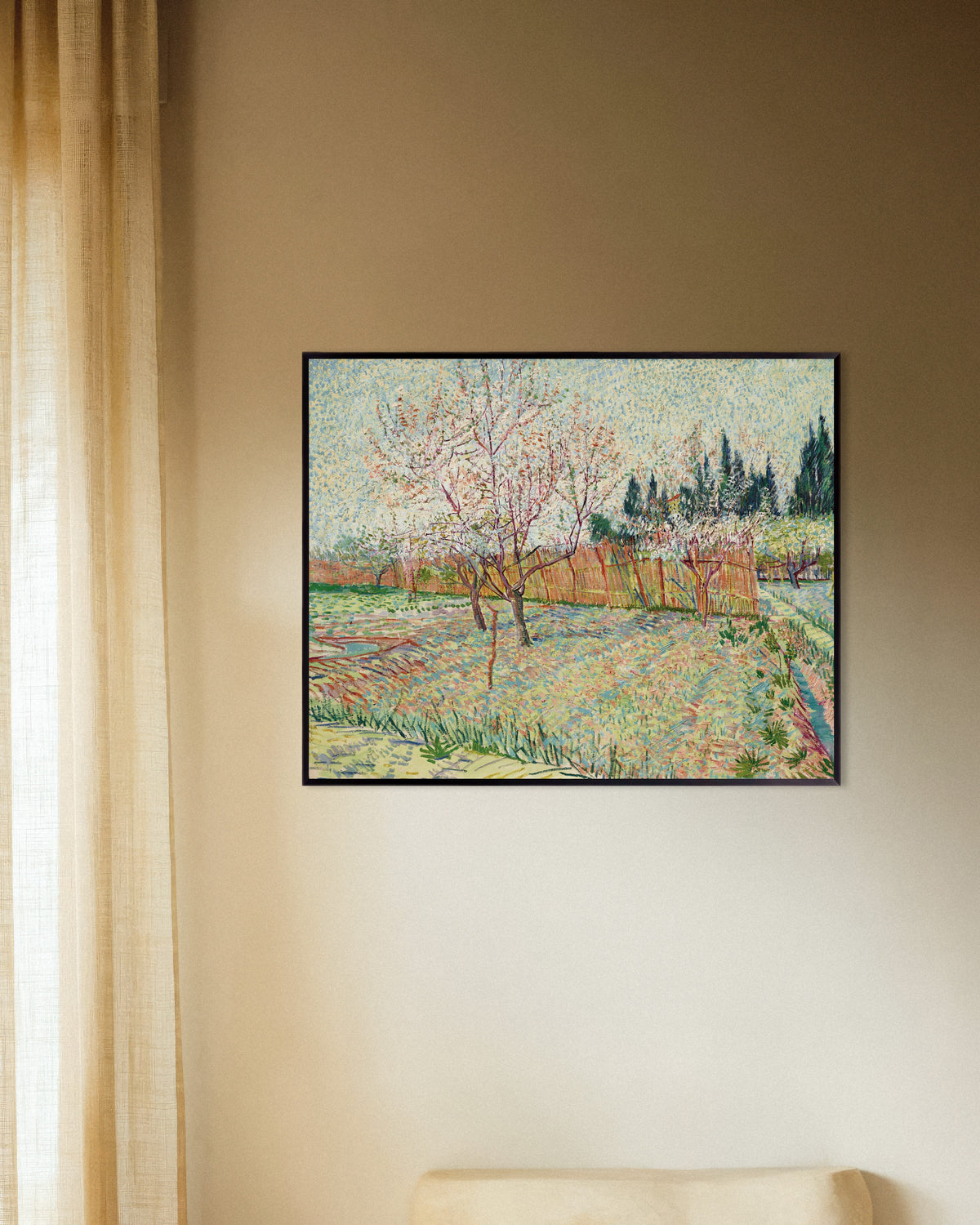 Poster med Frugtplantage omgivet af cypresser (1888) af Vincent van Gogh, med metalramme