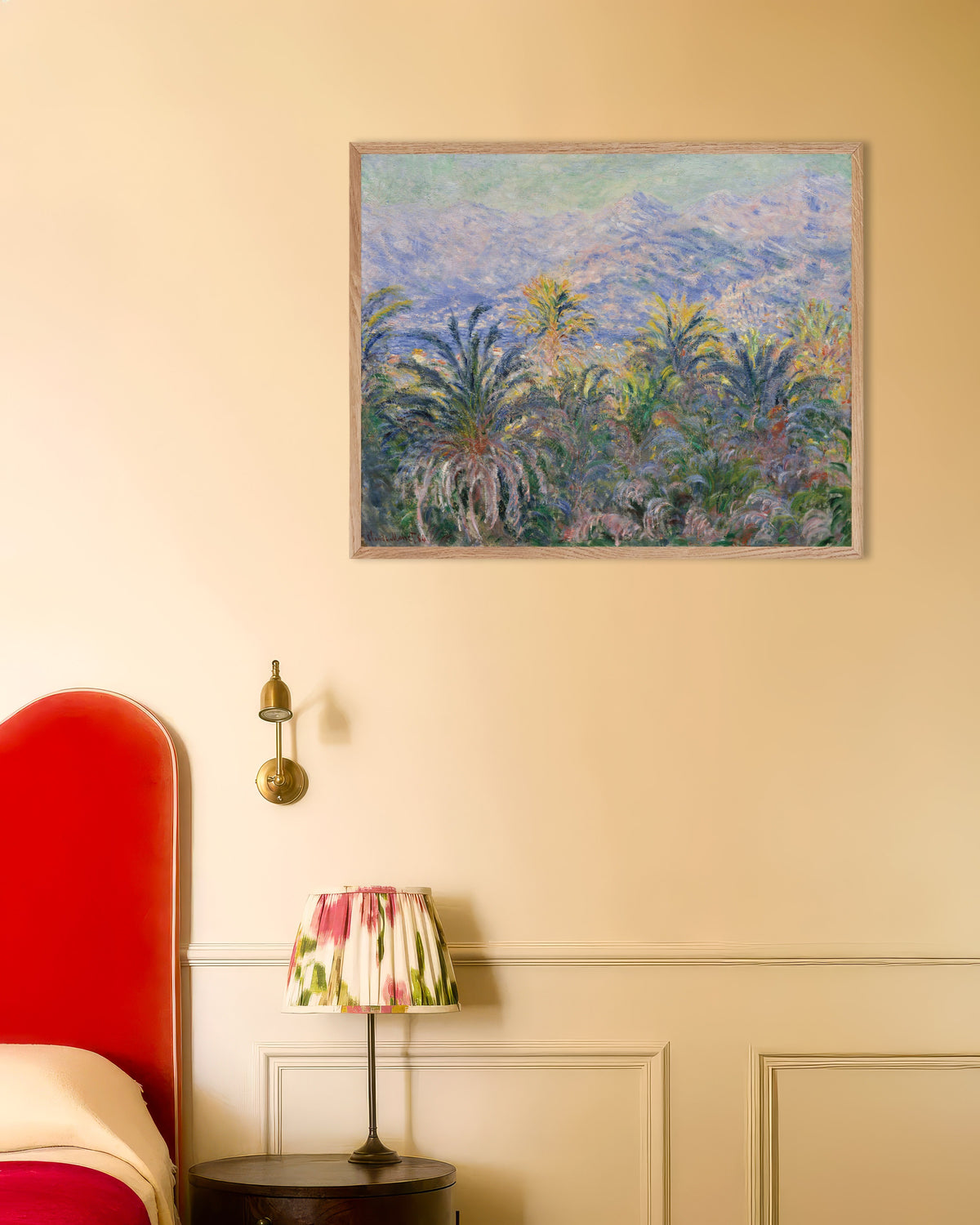 Plakat Palmer i Bordighera (1884) af Claude Monet med ramme i naturtræ