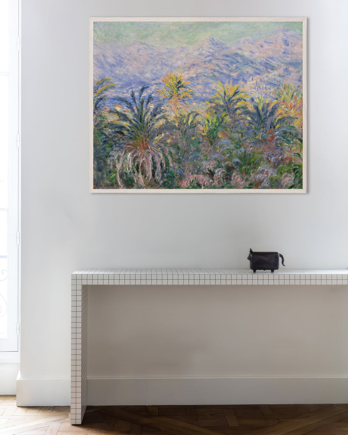 Plakat Palmer i Bordighera (1884) af Claude Monet med hvid træramme