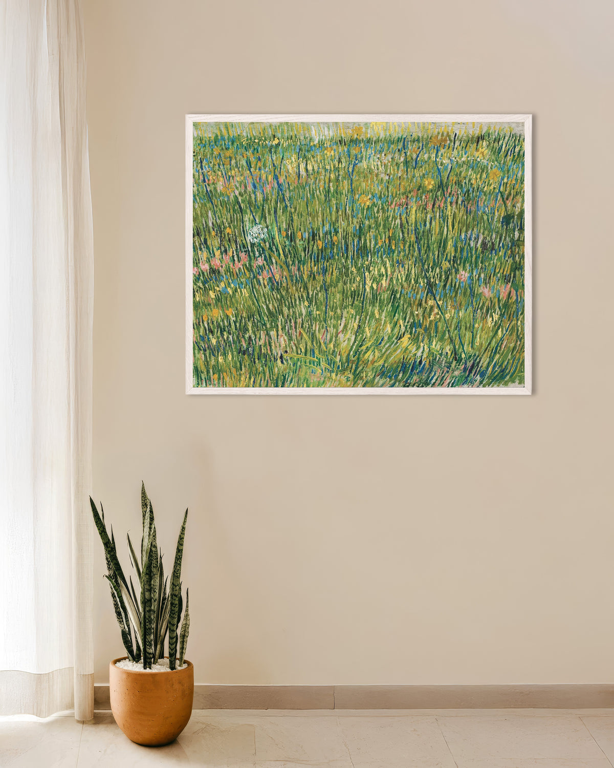 Poster af Græsplet (1887) af Vincent van Gogh med hvid træramme