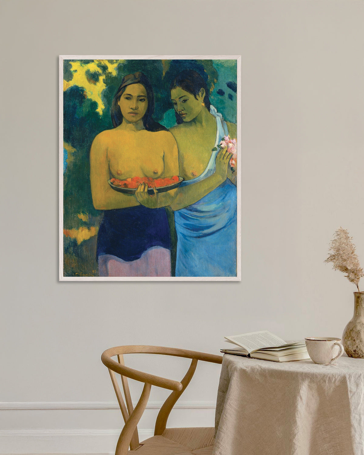 Poster med Paul Gauguin, To tahitianske kvinder, med hvid træramme