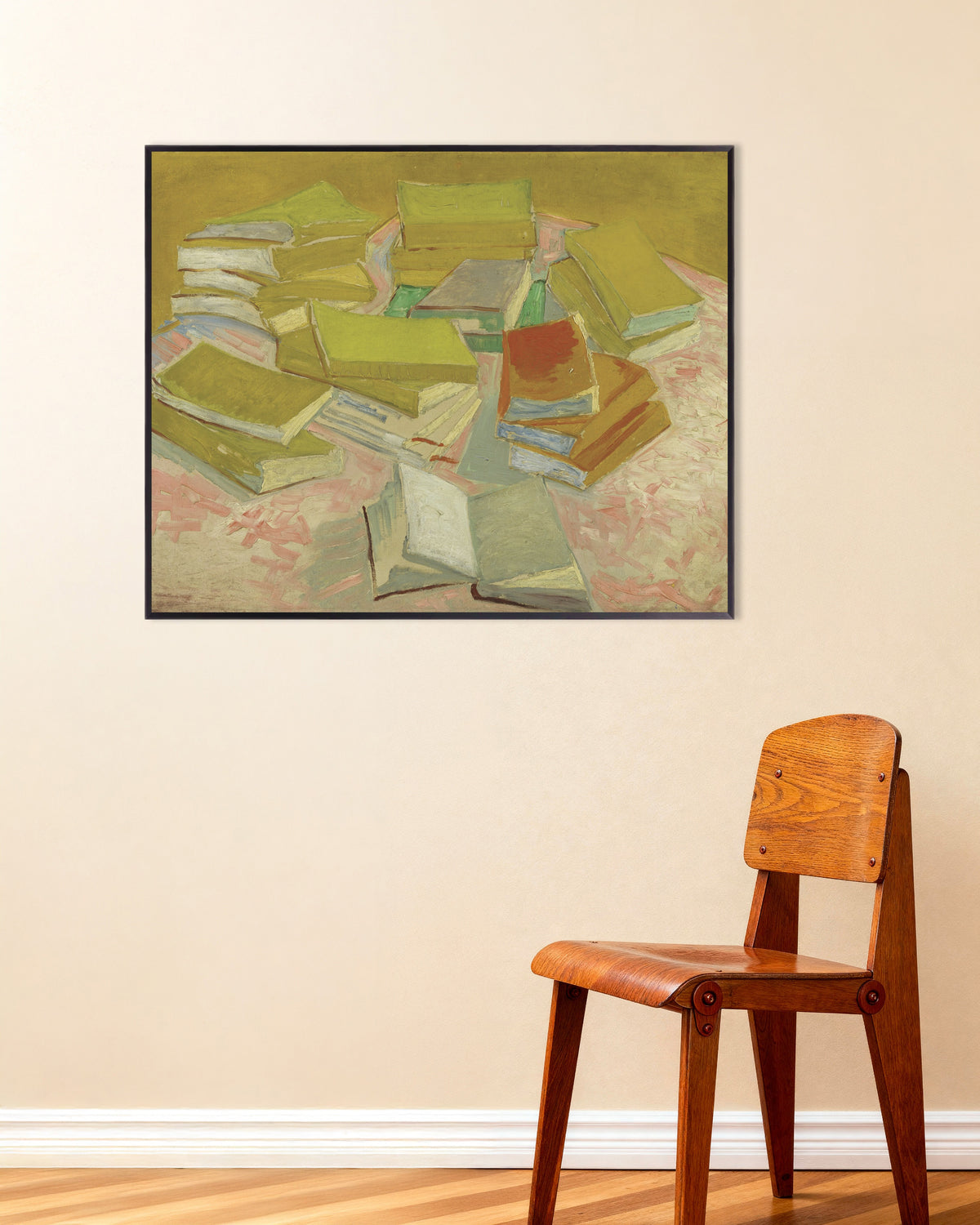 Poster med Stakke af franske romaner (1887) af Vincent van Gogh, med metalramme