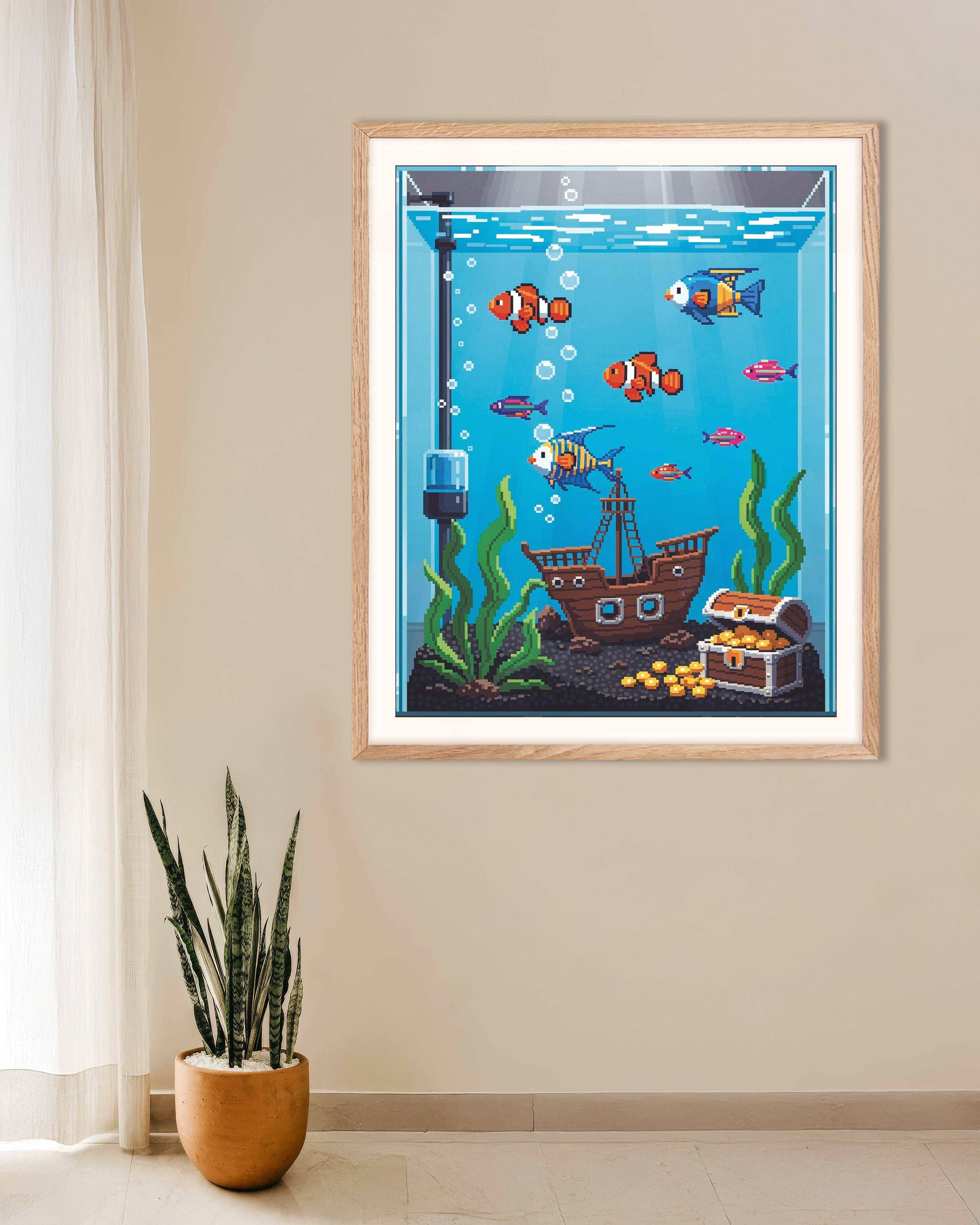 Poster of Pixel Aquarium Poster with Clownfish & Treasure, with natural wooden frame