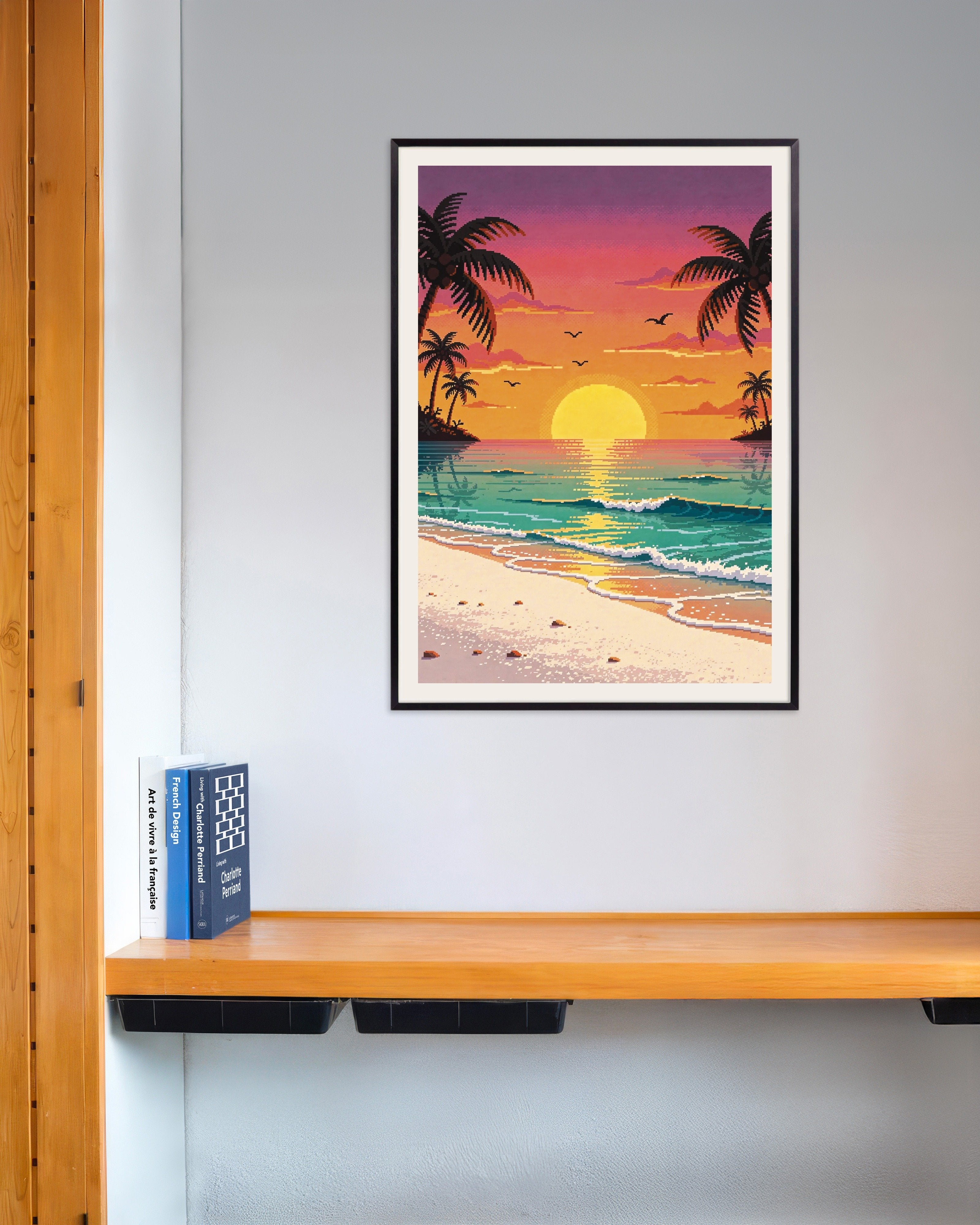 Poster of Pixel Art Beach Sunset with Palms, with metal frame