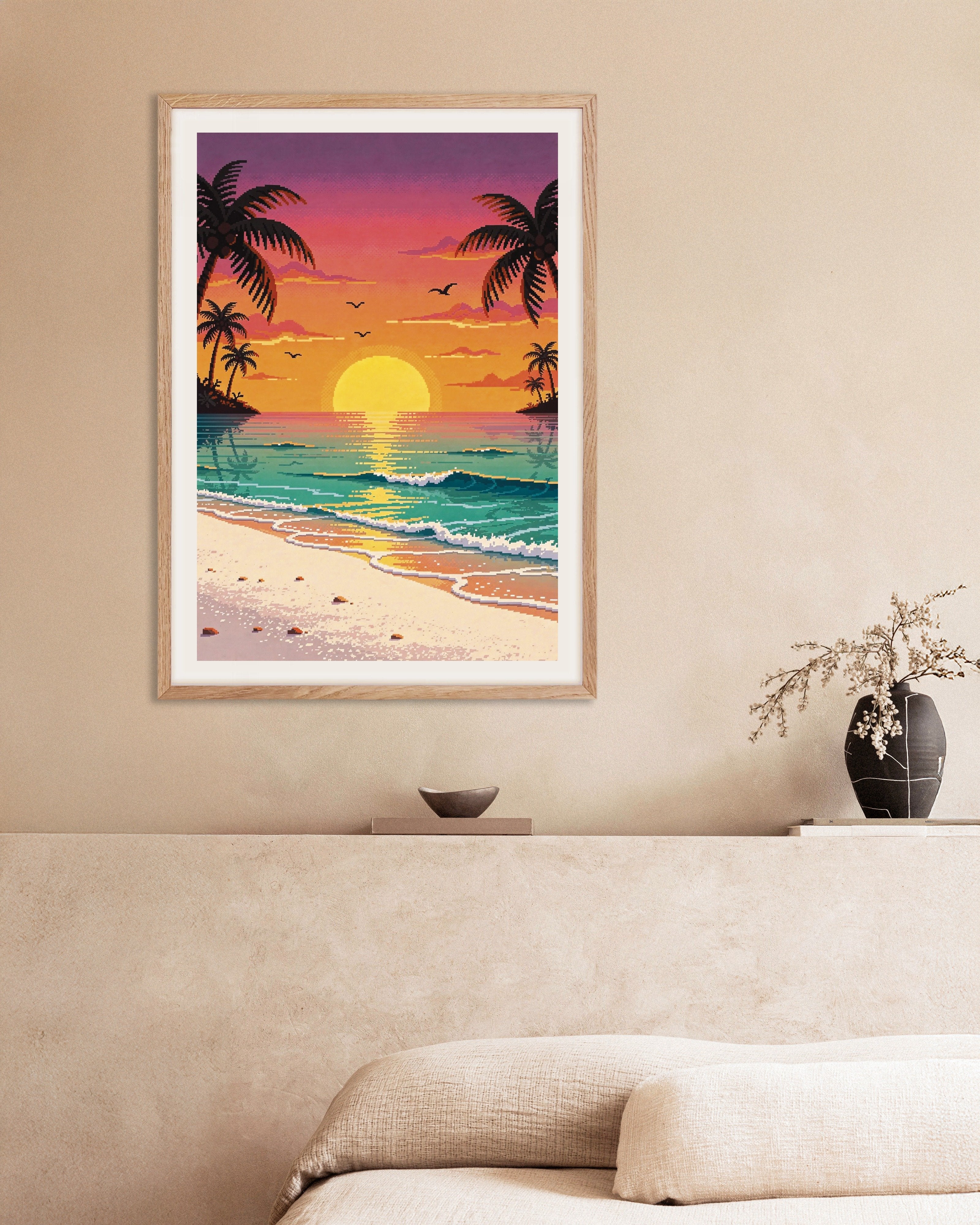 Poster of Pixel Art Beach Sunset with Palms, with natural wooden frame