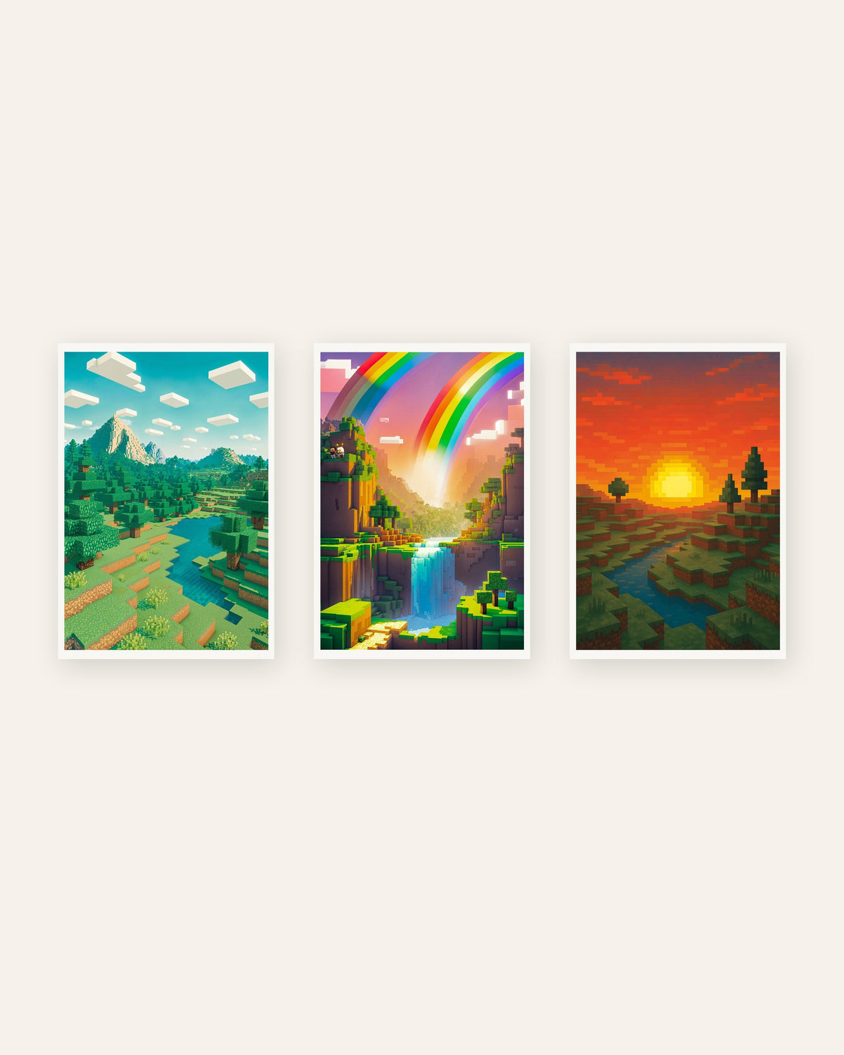 Pixel art-landskabsplakater, sæt med 3: bjerg, regnbuedal og solnedgang, uden ramme