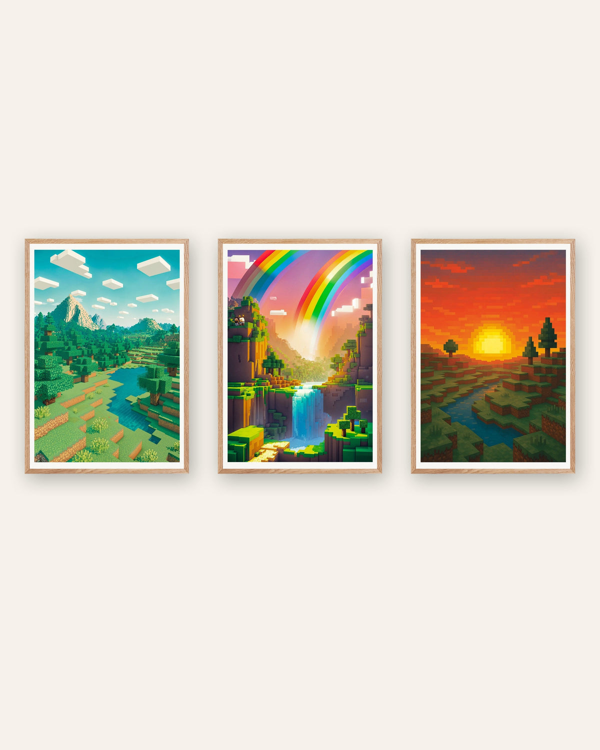 Pixel art-landskabsplakater, sæt med 3: bjerg, regnbuedal og solnedgang, i rammer af natureg