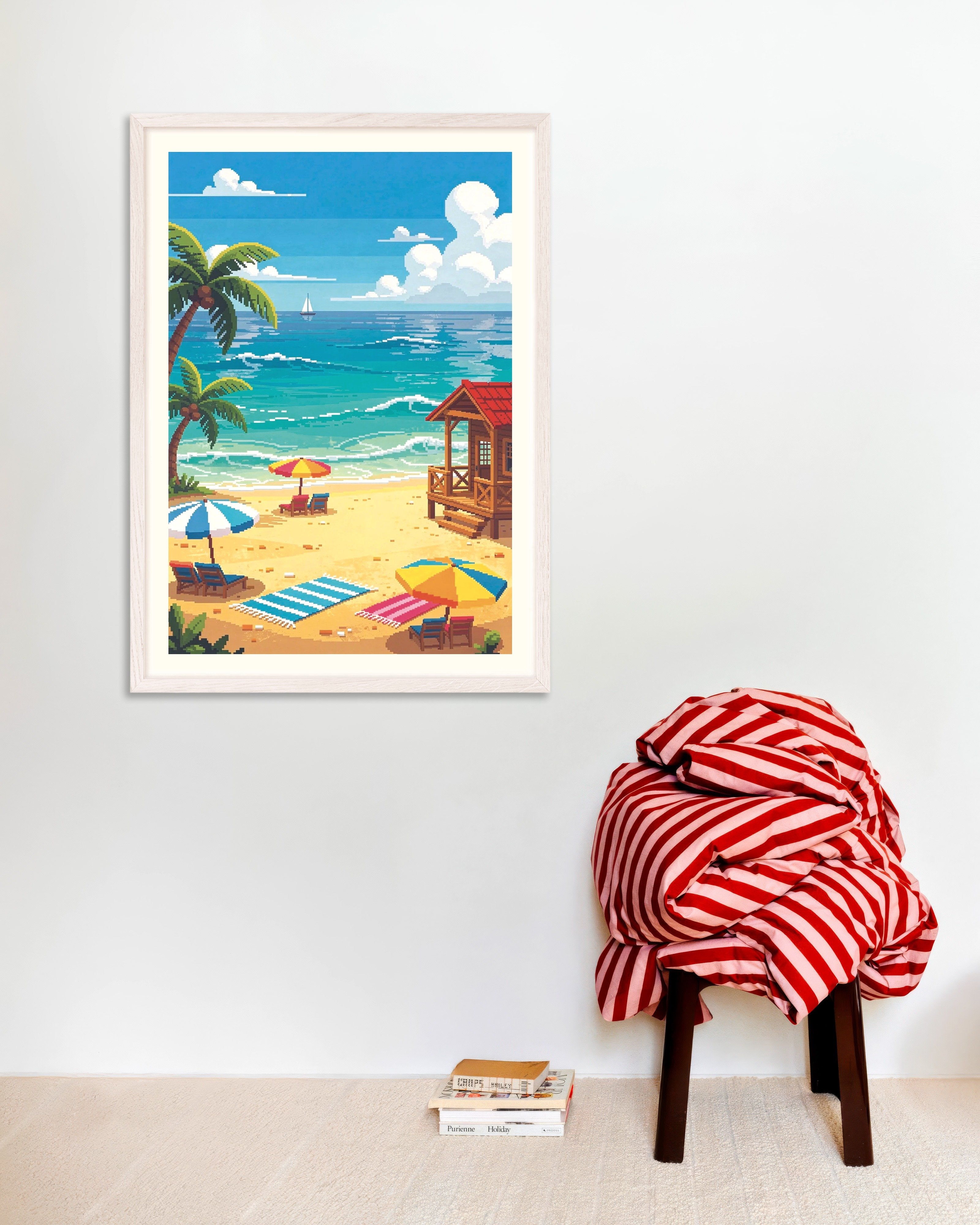 Poster of Pixel Beach Day with Palms and Beach Cabin, with white wooden frame