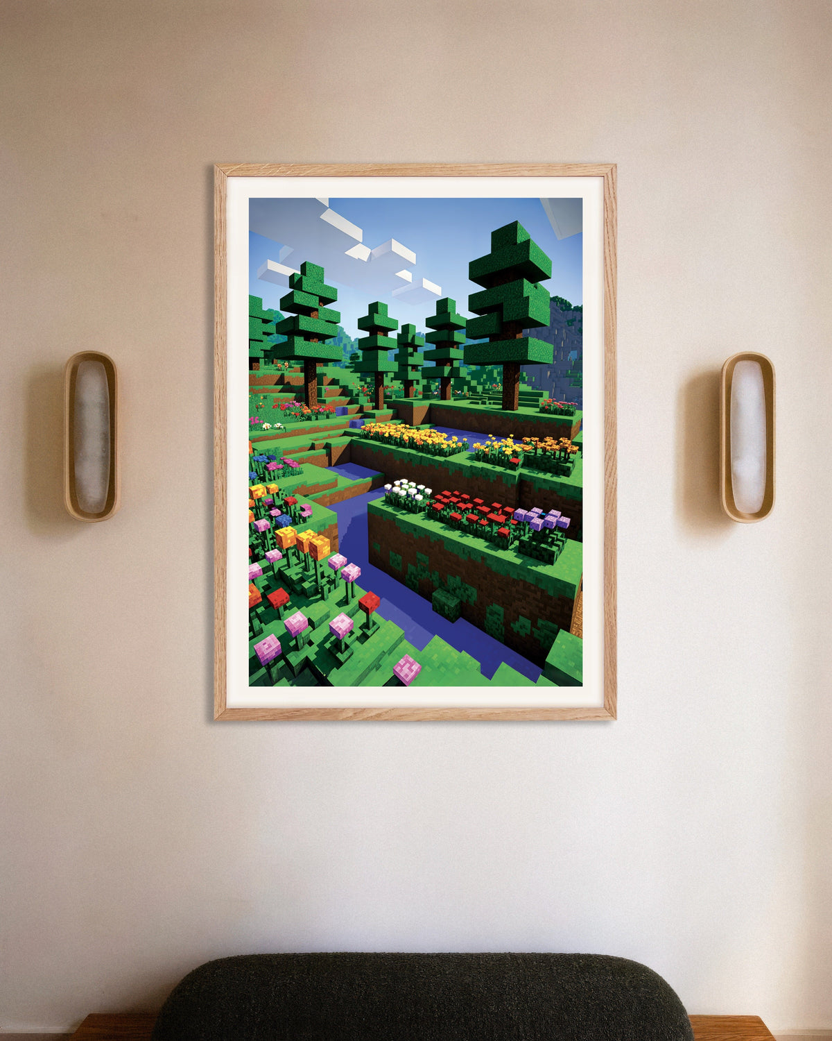 Poster af Pixelblomster, botanisk poster, med naturfarvet træramme