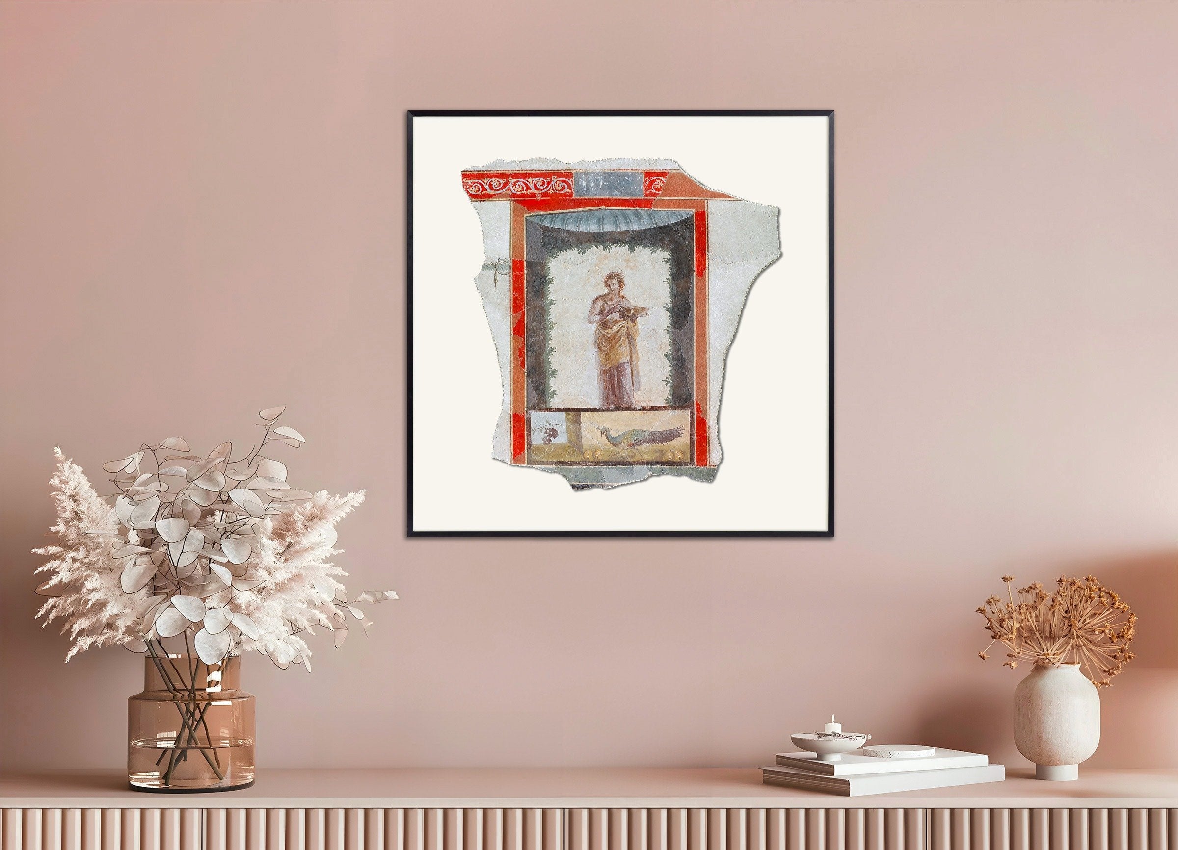Poster of Pompeii Fresco Fragment with Maenad and Peacock Art Print, with metal frame
