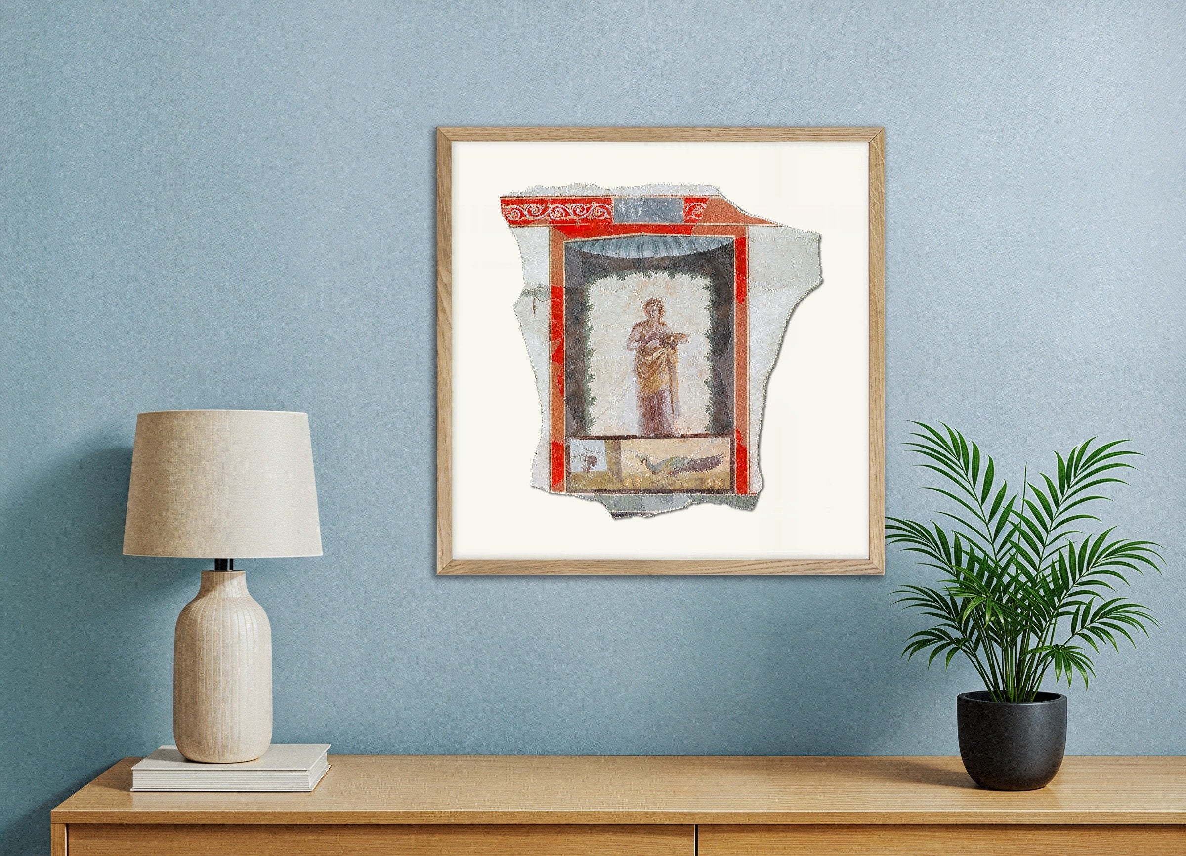 Poster of Pompeii Fresco Fragment with Maenad and Peacock Art Print, with natural wooden frame