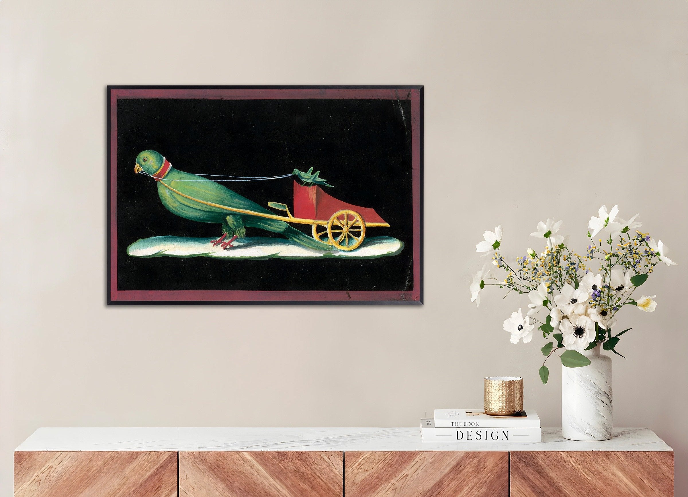 Poster of Pompeii Parrot Chariot Fresco - Ancient Roman Animal Art Print, with metal frame