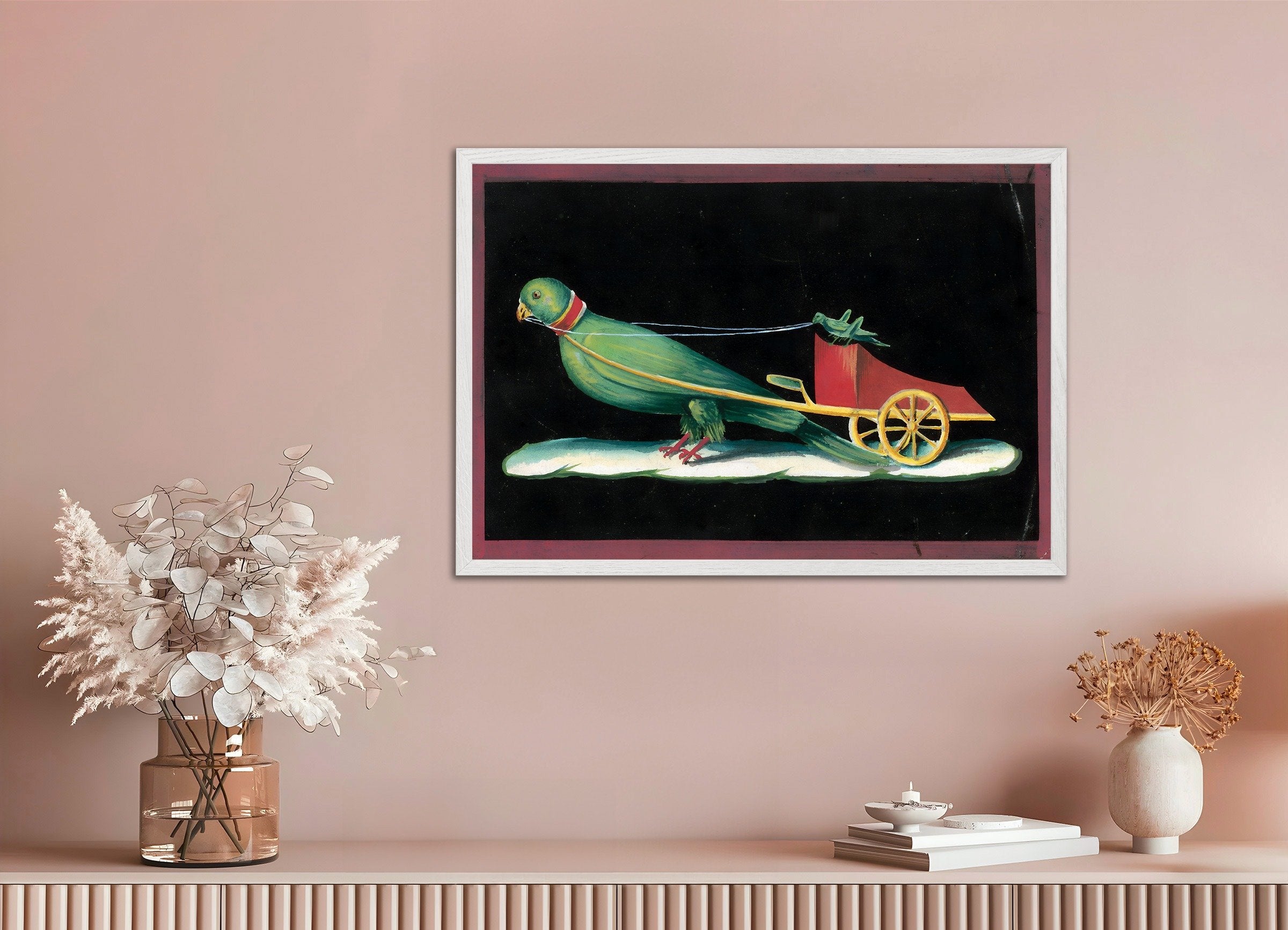 Poster of Pompeii Parrot Chariot Fresco - Ancient Roman Animal Art Print, with white wooden frame