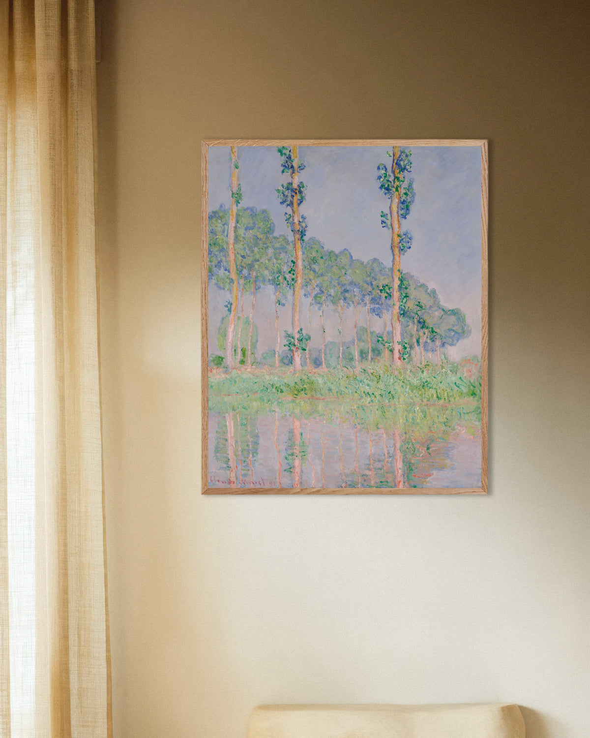 Plakat Popler, rosa virkning (1891) af Claude Monet med ramme i naturtræ