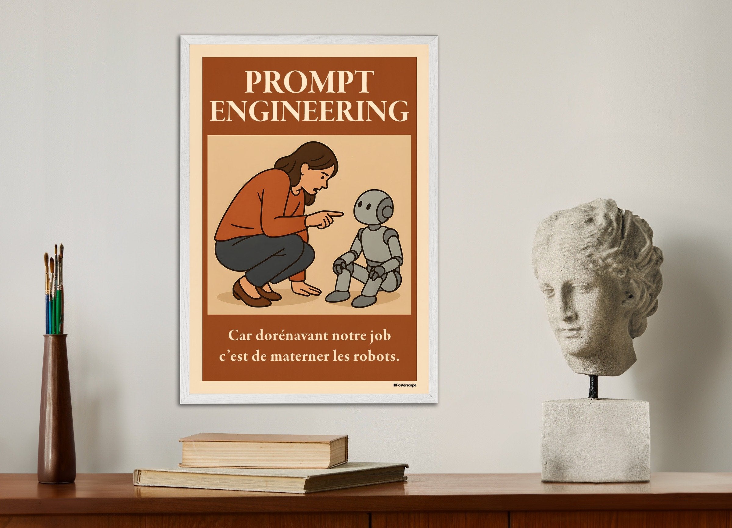 Poster of Prompt Engineering - Demotivational Poster, with white wooden frame