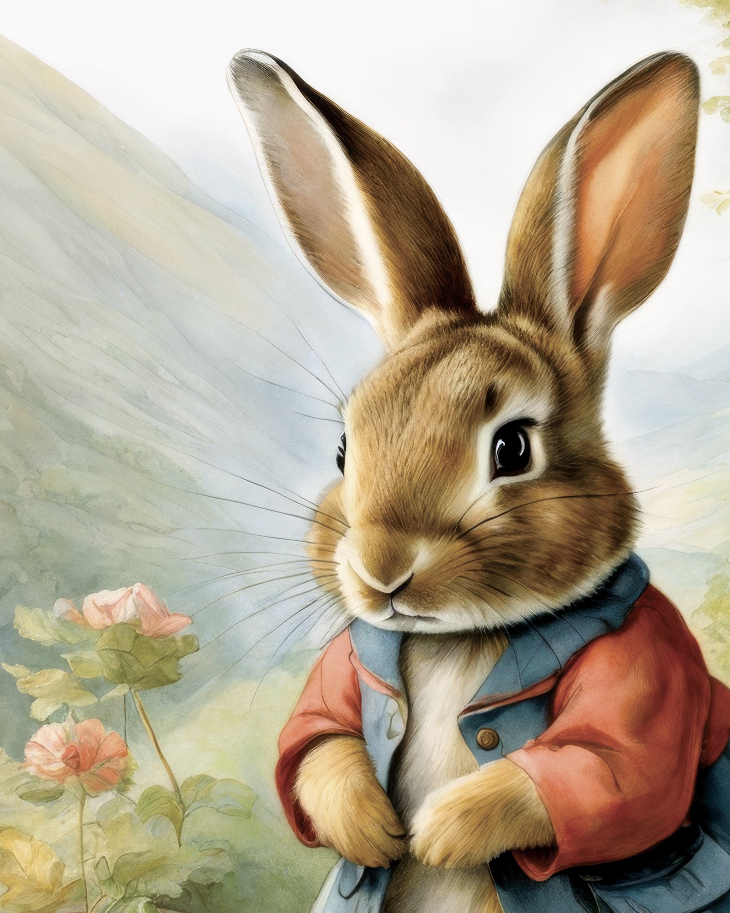 Illustration of a rabbit wearing a coat with a floral background