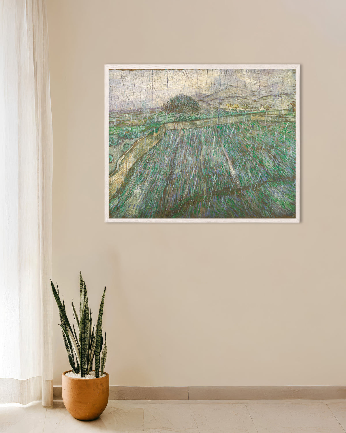 Plakat med Regn (1889) af Vincent van Gogh, med hvid træramme