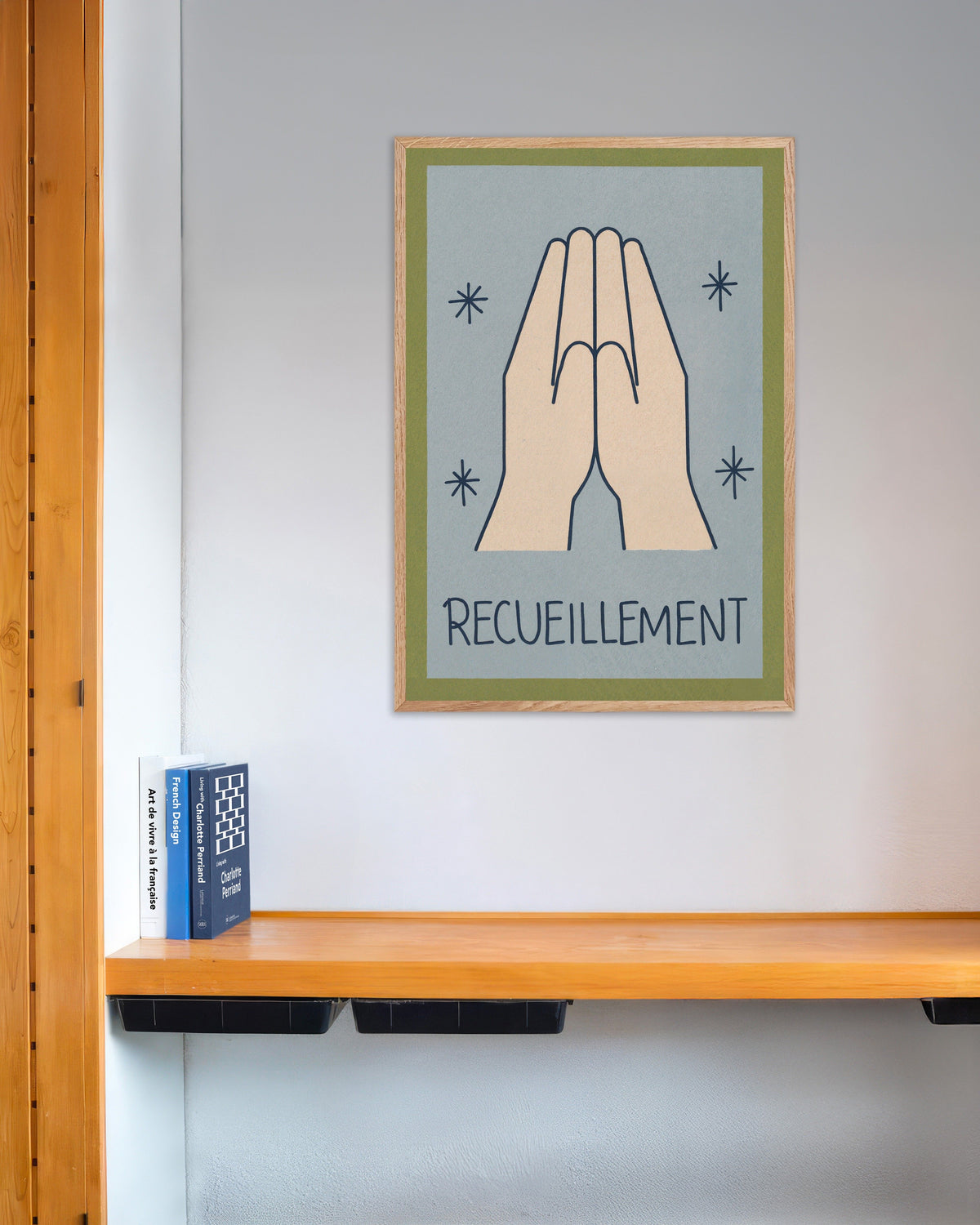 Recueillement – minimalistisk poster med stregkunst, med ramme af naturtræ