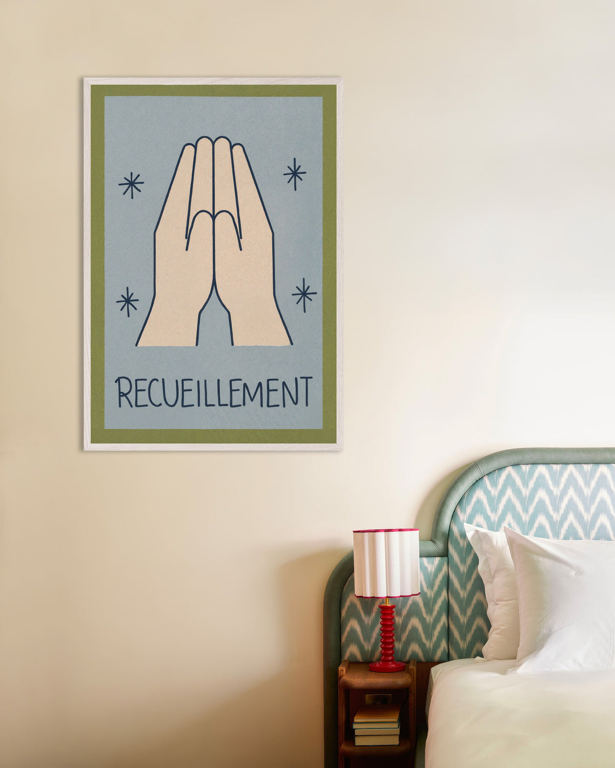 Recueillement – minimalistisk poster med stregkunst, med hvid træramme
