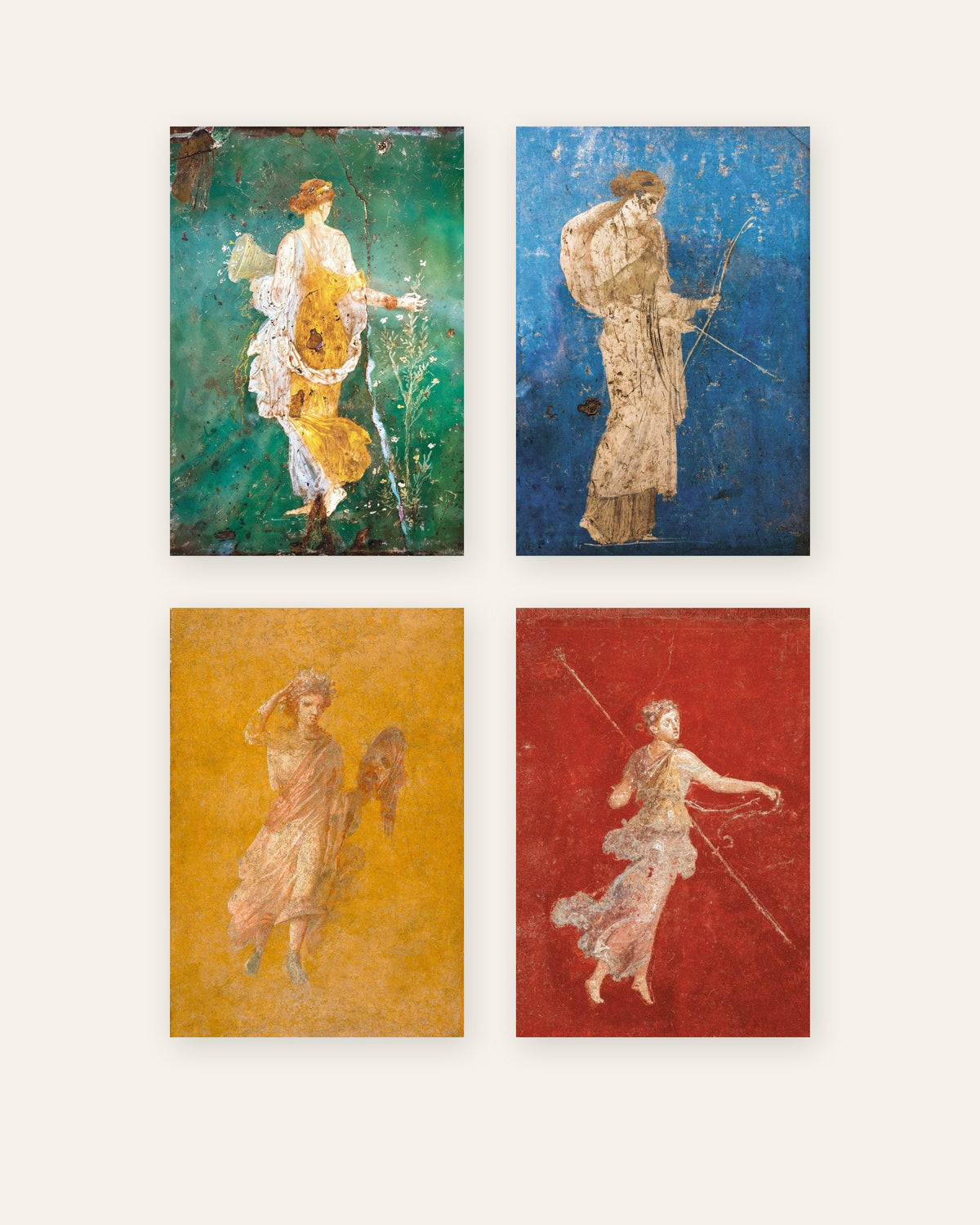 Sæt med 4 plakater med romerske fresker, Flora, Artemis, Melpomene og Mænade, uden ramme
