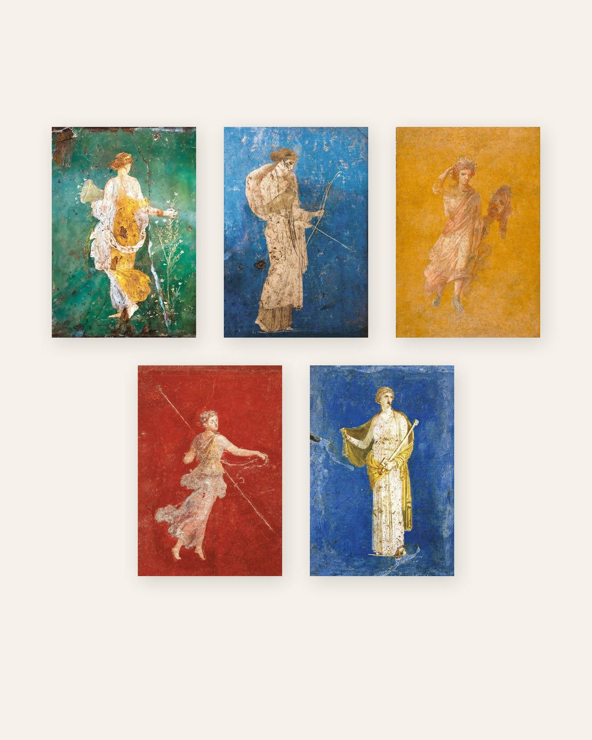 Sæt med 5 plakater med romerske fresker, Flora, Artemis, Melpomene, Mænade og Medea, uden ramme