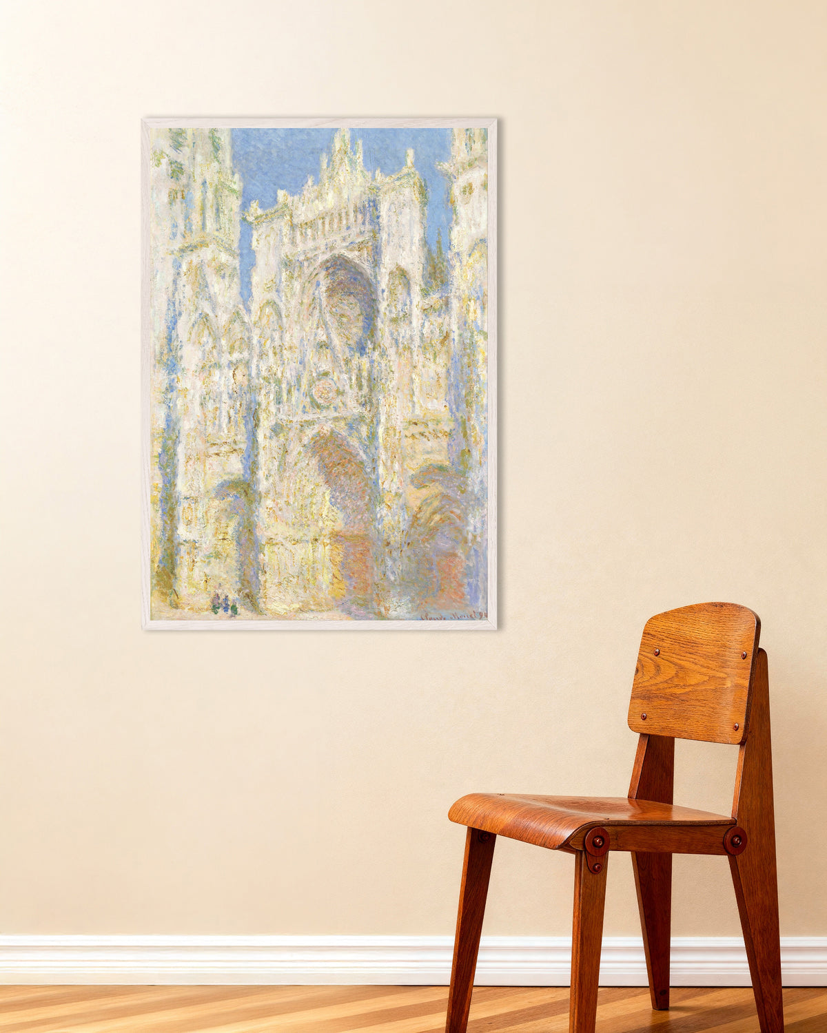 Plakat Katedralen i Rouen, vestfacaden i sollys (1894) af Claude Monet med hvid træramme
