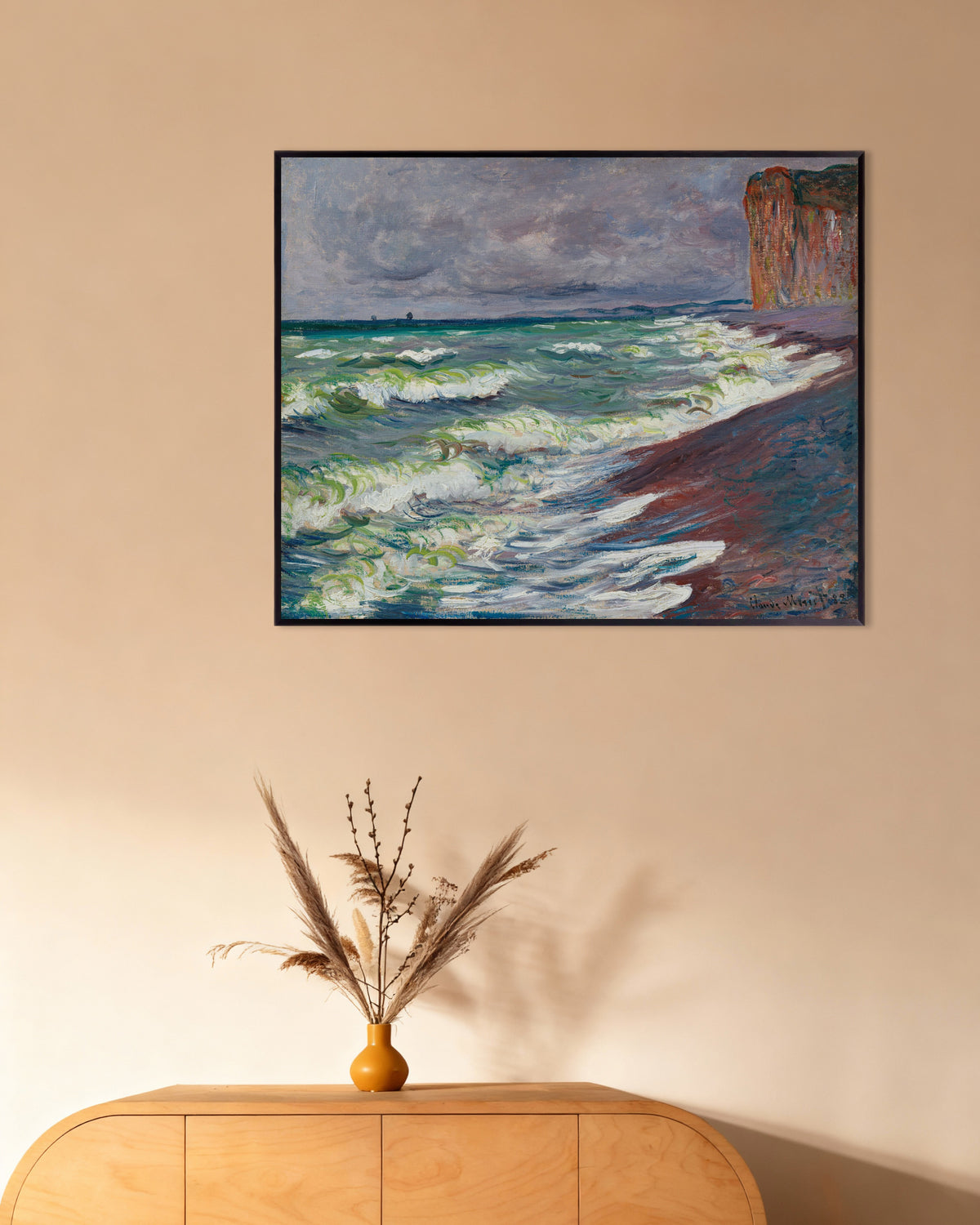 Plakat Uroligt hav ved Pourville (1882) af Claude Monet med metalramme