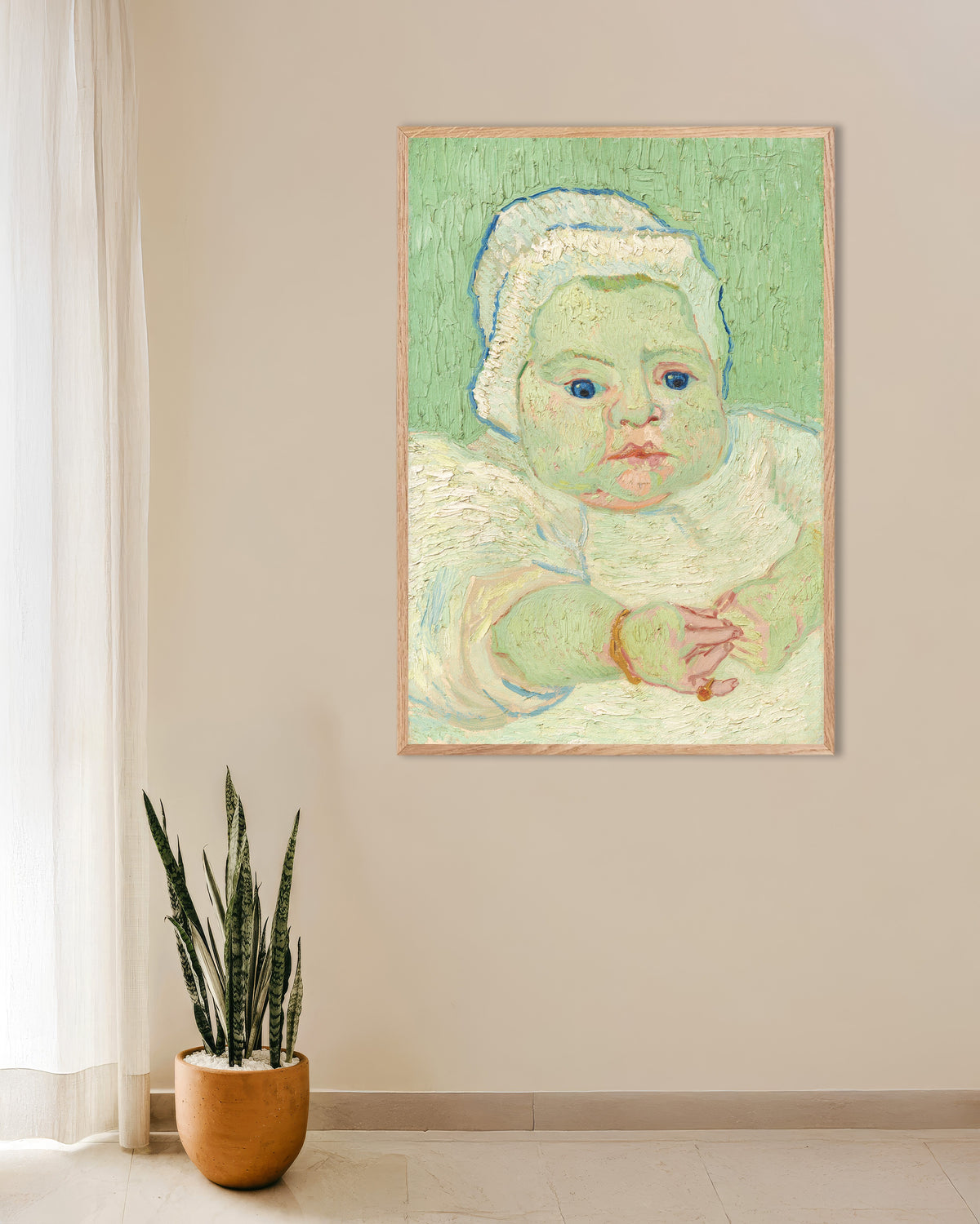 Poster med Roulin-babyen (1888) af Vincent van Gogh, med ramme af naturtræ
