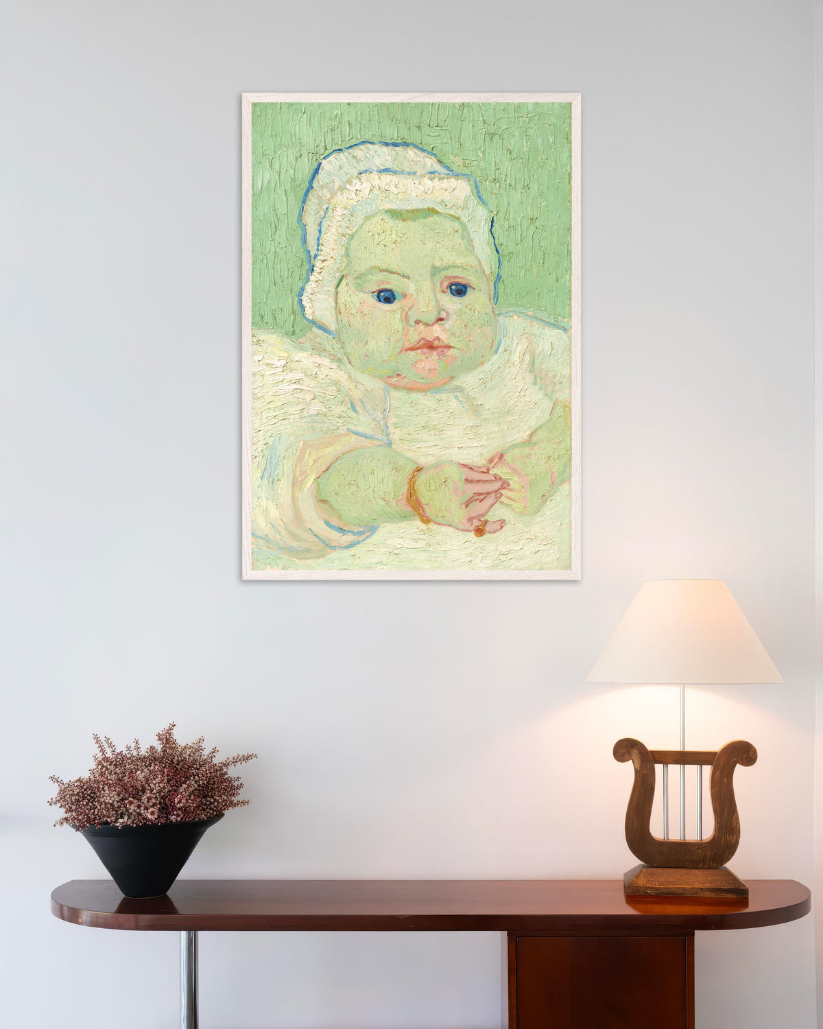 Poster med Roulin-babyen (1888) af Vincent van Gogh, med hvid træramme