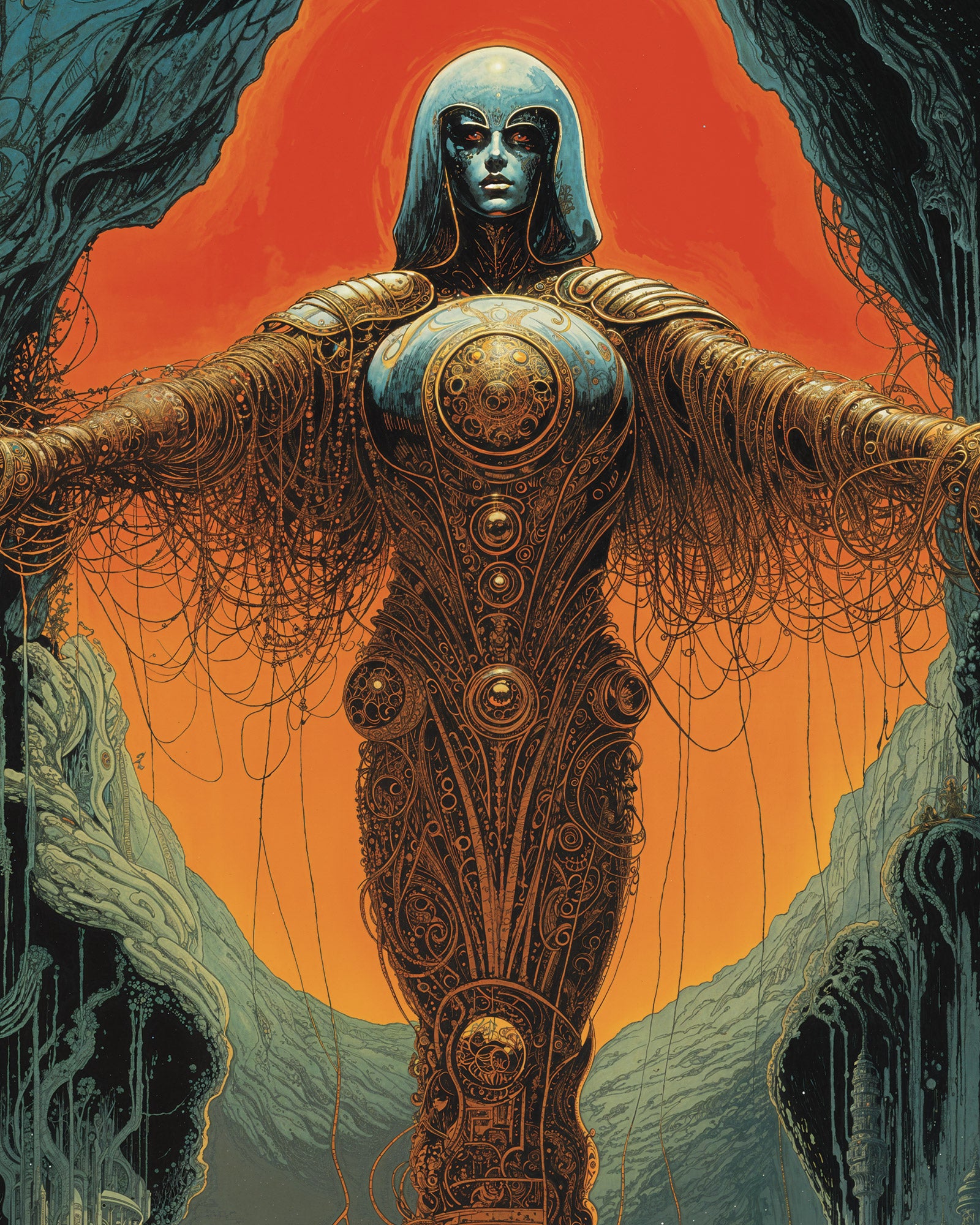 Artistic depiction of a futuristic, ornate figure with a glowing orange sky in the background.
