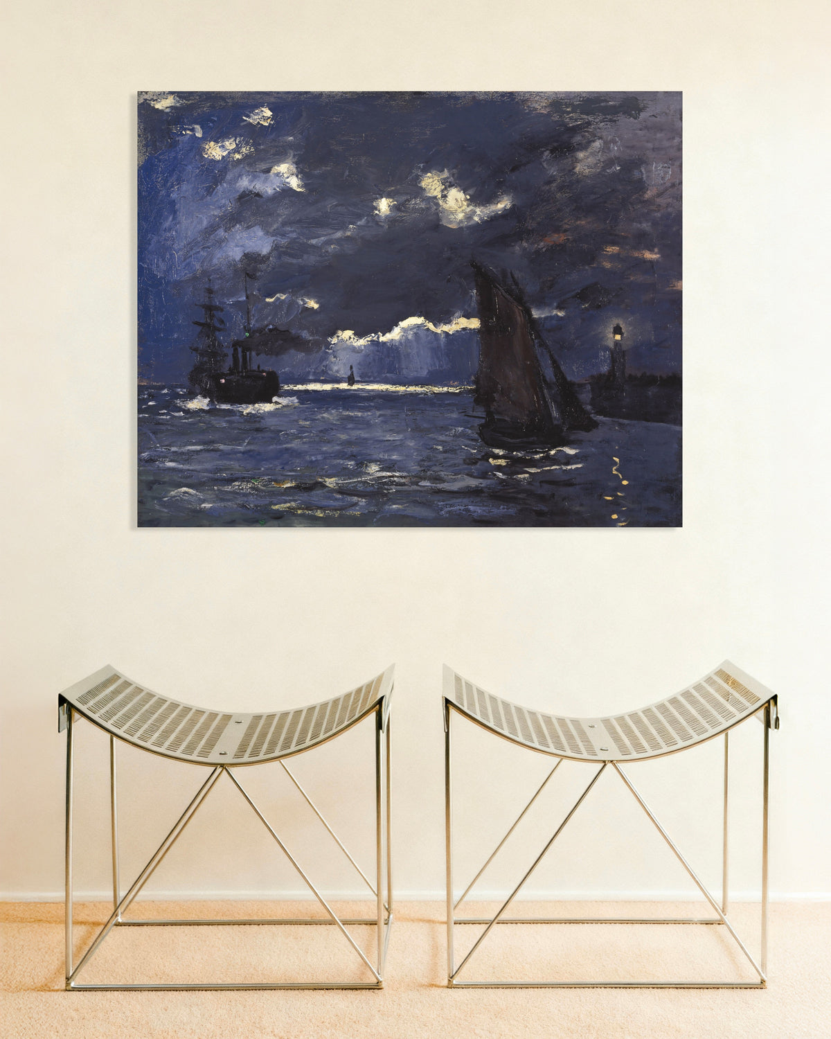 Plakat Marinebillede, skibe i måneskin (1864) af Claude Monet