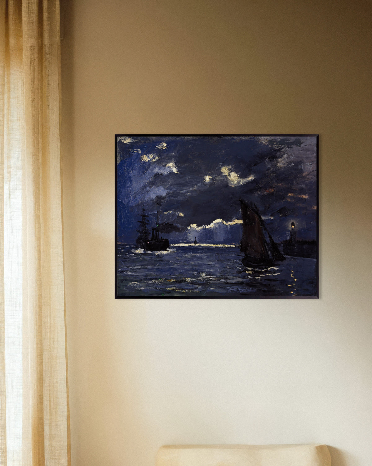 Plakat Marinebillede, skibe i måneskin (1864) af Claude Monet med metalramme