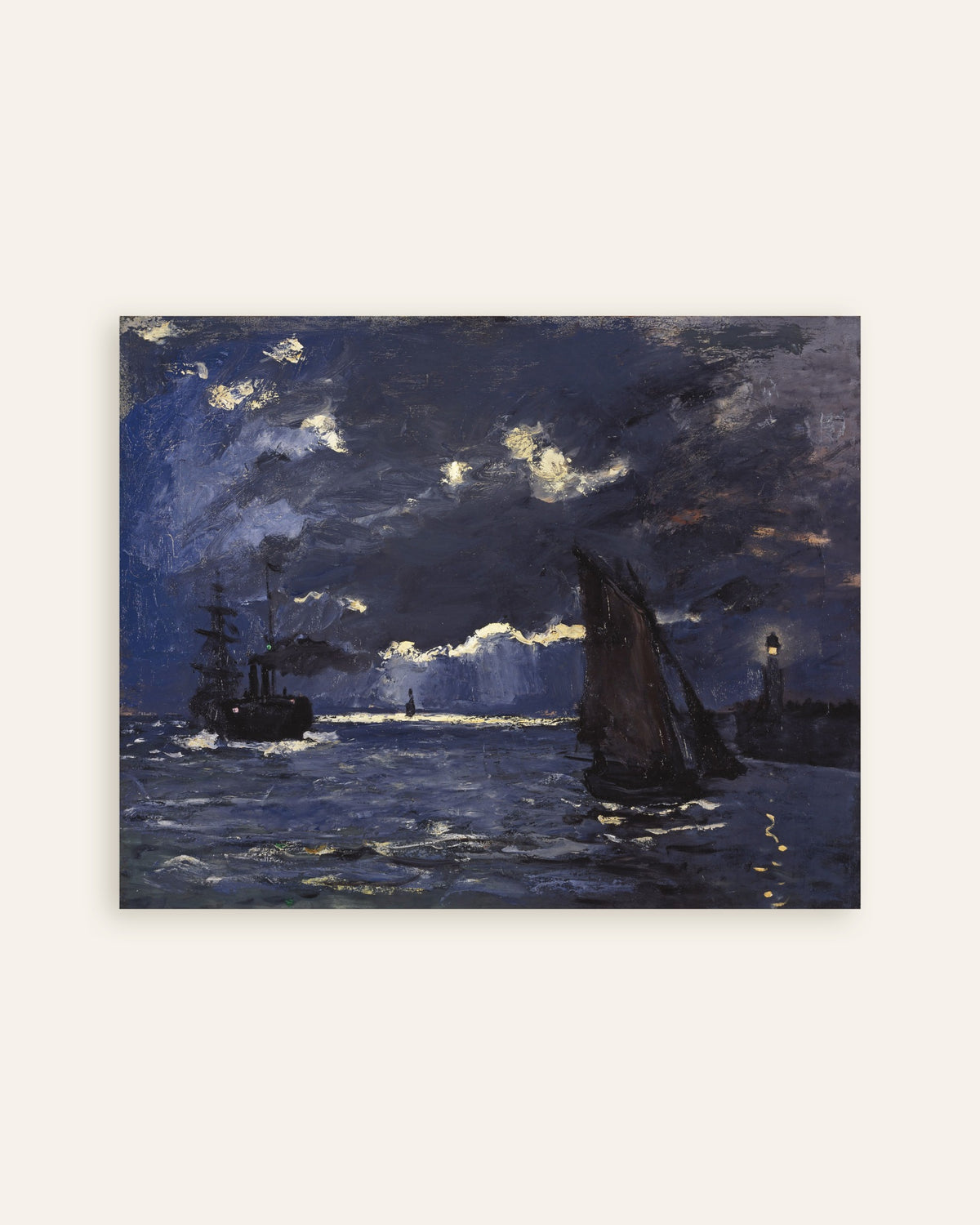 Plakat Marinebillede, skibe i måneskin (1864) af Claude Monet, miniature