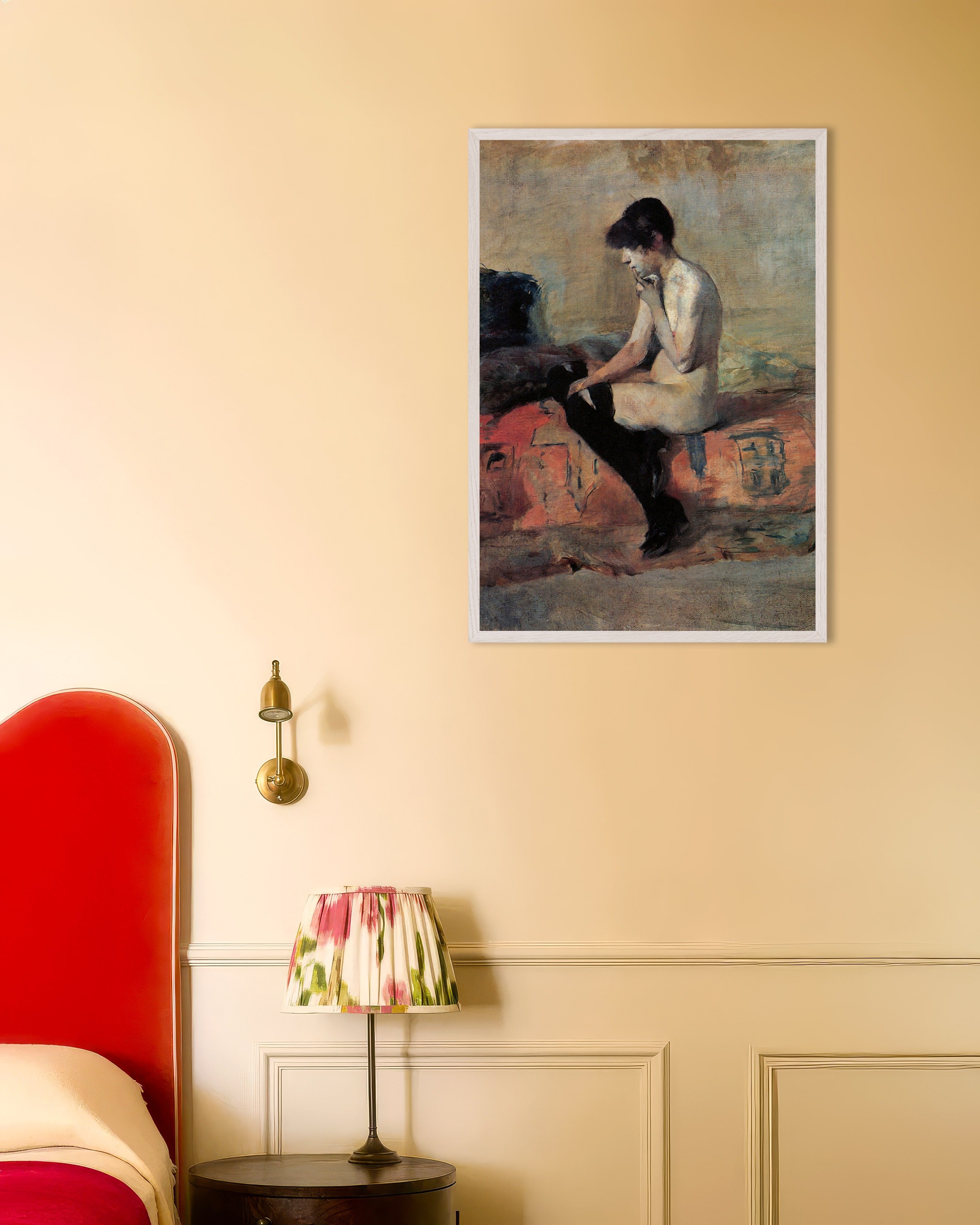 Poster of Seated nude by Henri de Toulouse-Lautrec, 1882, with white wooden frame