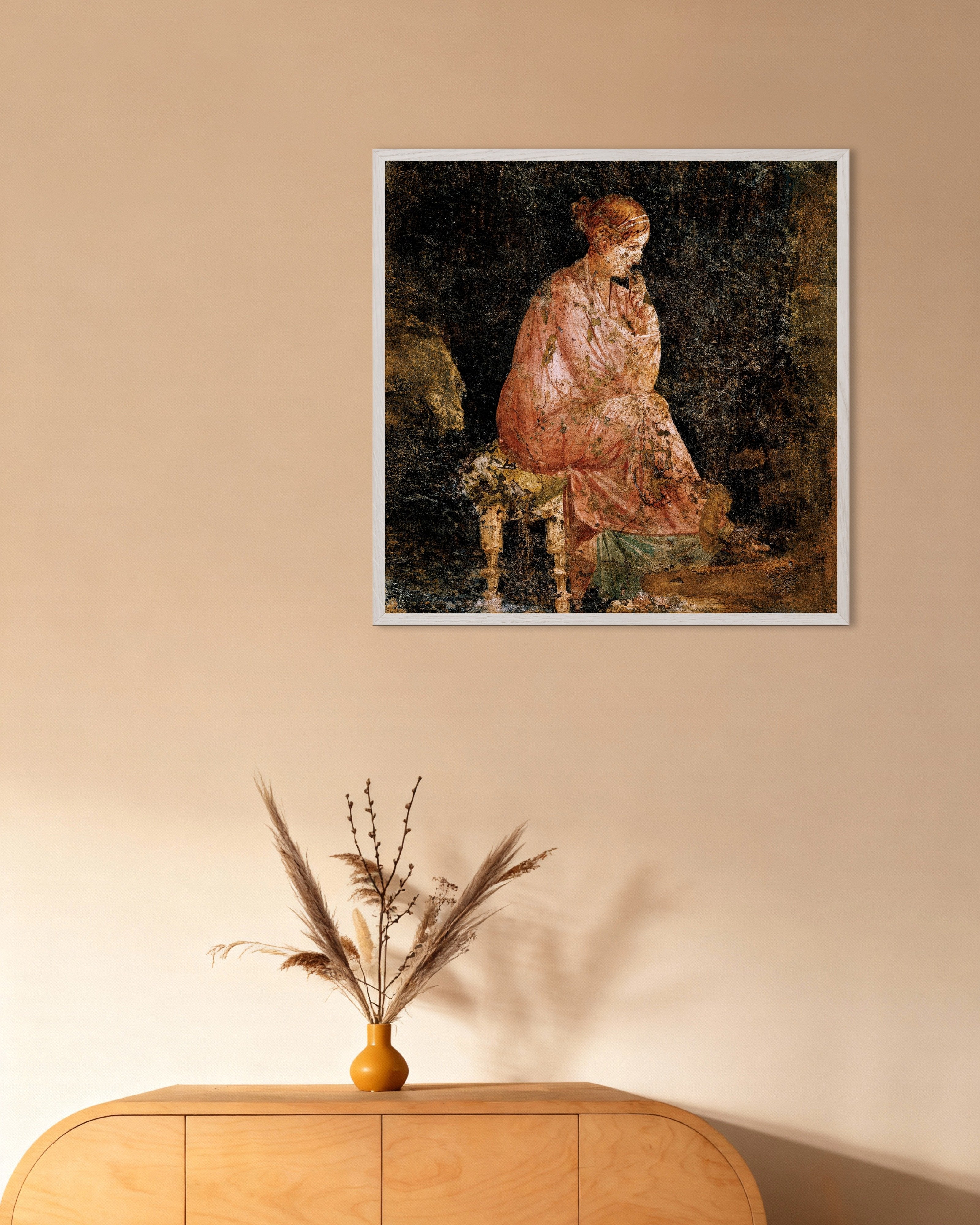Poster of Seated woman fresco detail poster, with white wooden frame