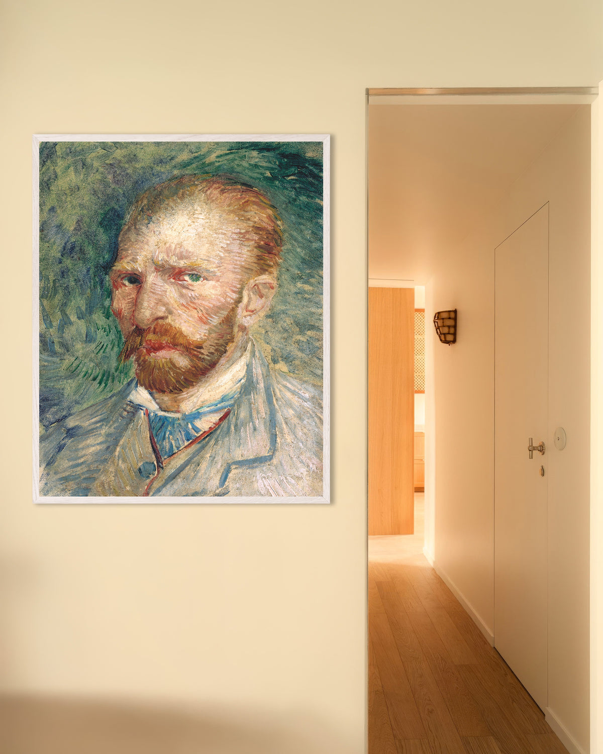Poster med Selvportræt på grøn baggrund (1886) af Vincent van Gogh, med hvid træramme