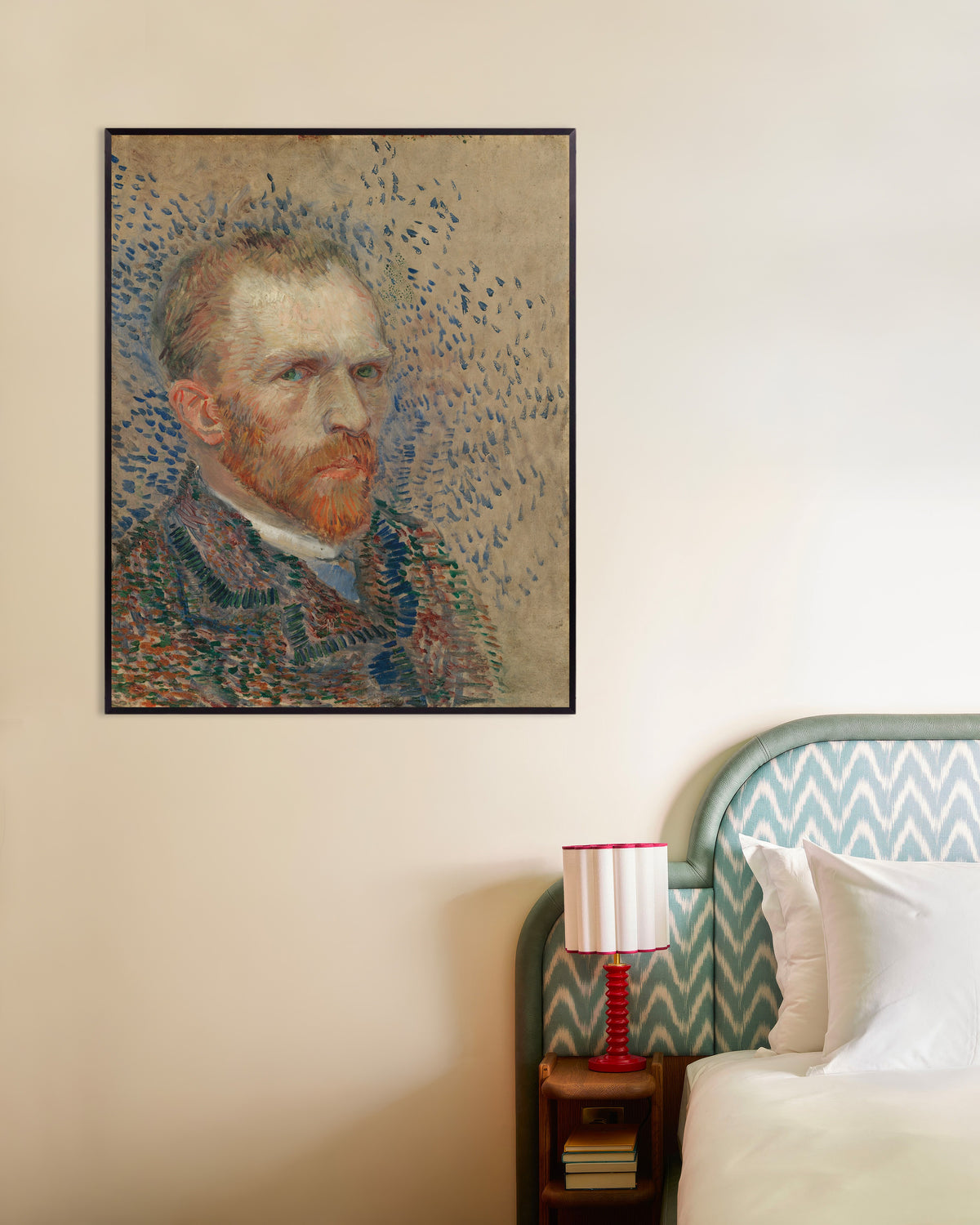 Poster af Selvportræt med blå streger (1887) af Vincent van Gogh med metalramme