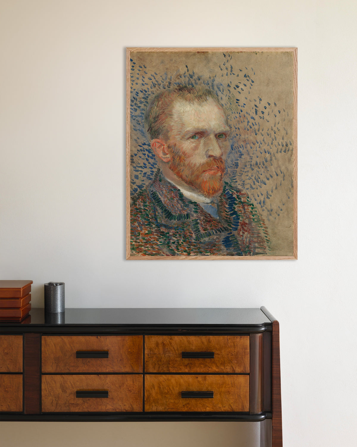 Poster af Selvportræt med blå streger (1887) af Vincent van Gogh med naturfarvet træramme