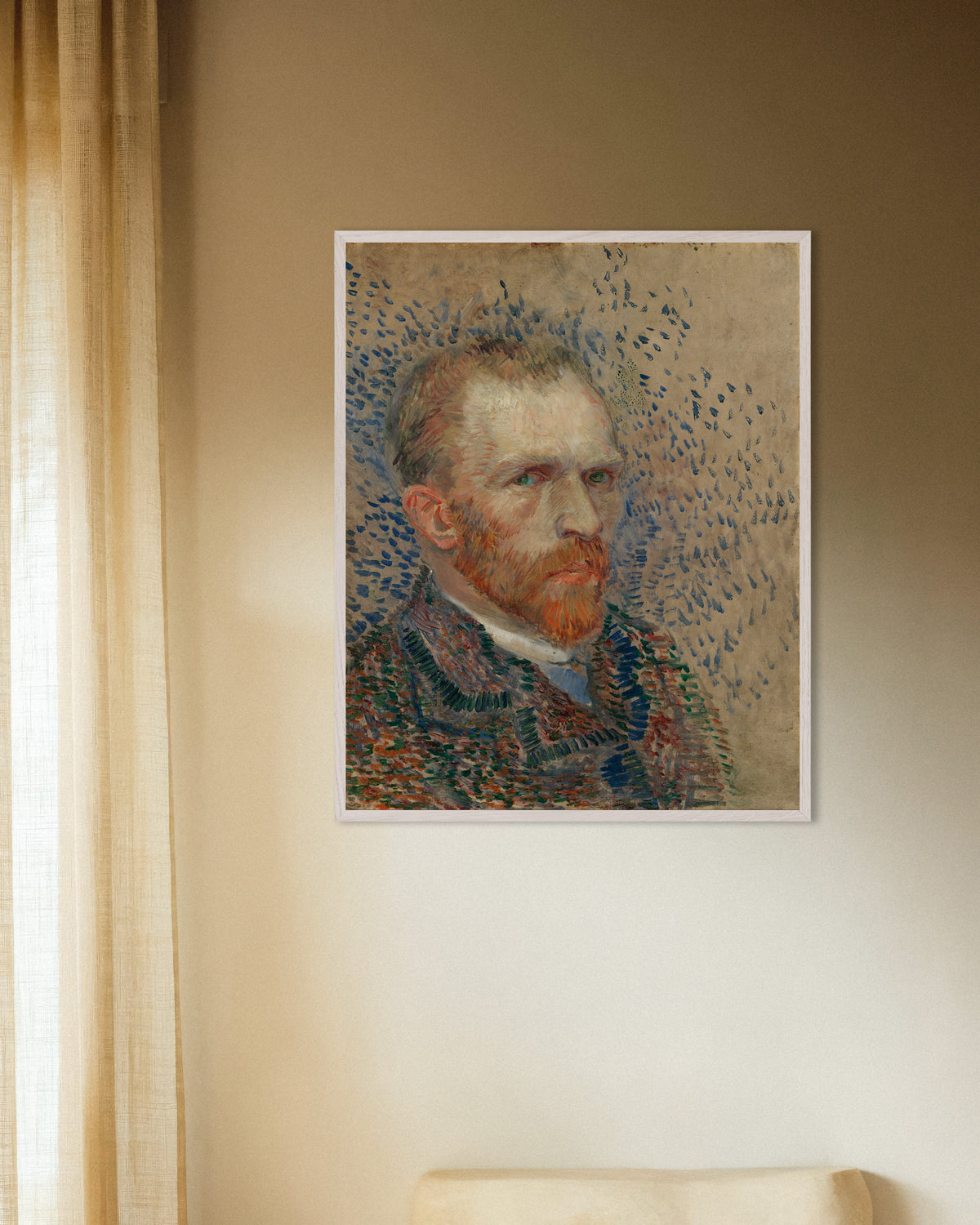 Poster af Selvportræt med blå streger (1887) af Vincent van Gogh med hvid træramme