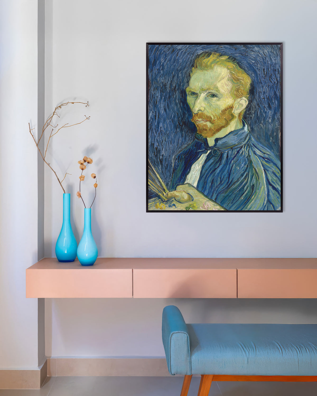 Poster af Selvportræt med palet (1889) af Vincent van Gogh med metalramme