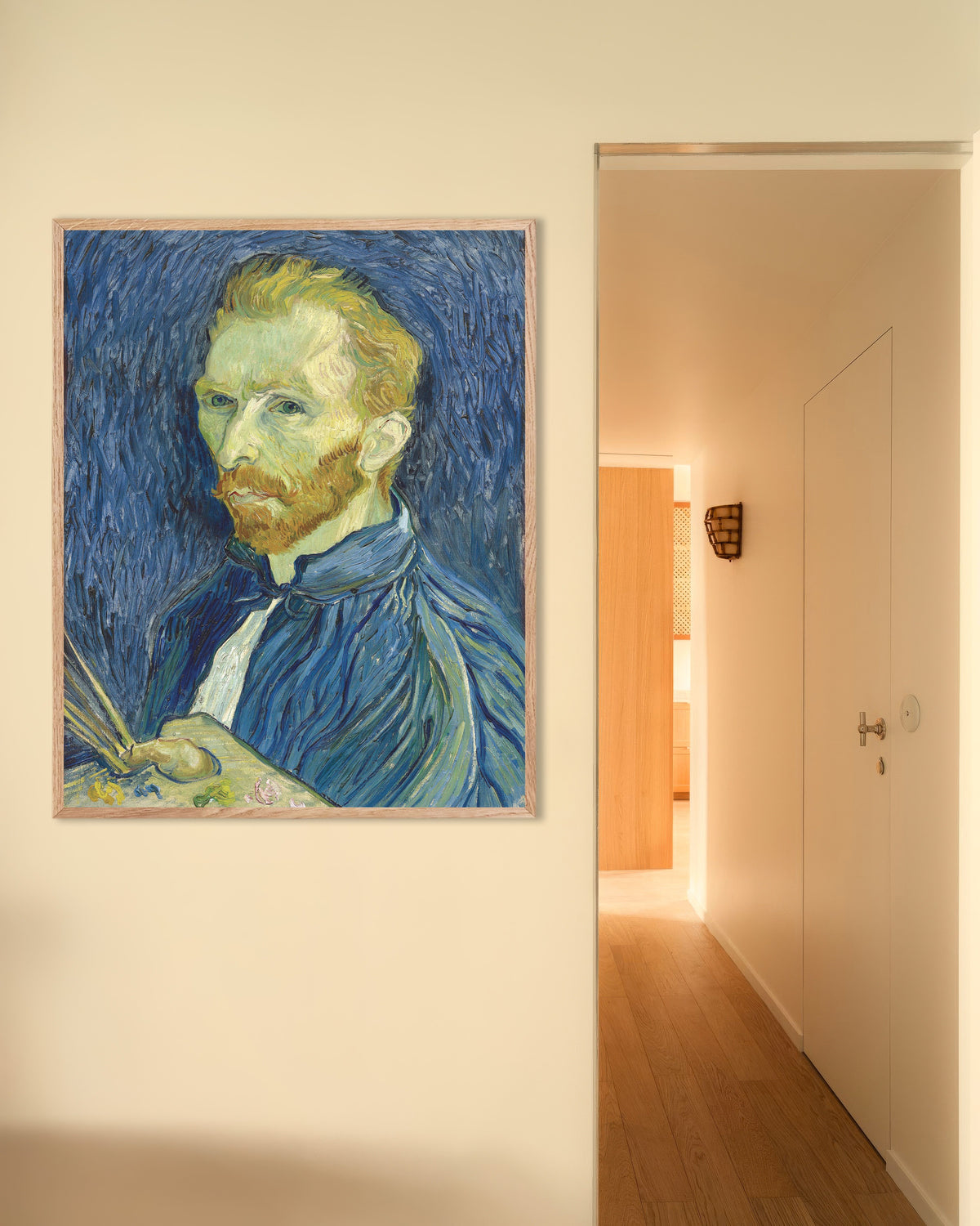 Poster af Selvportræt med palet (1889) af Vincent van Gogh med ramme af naturtræ