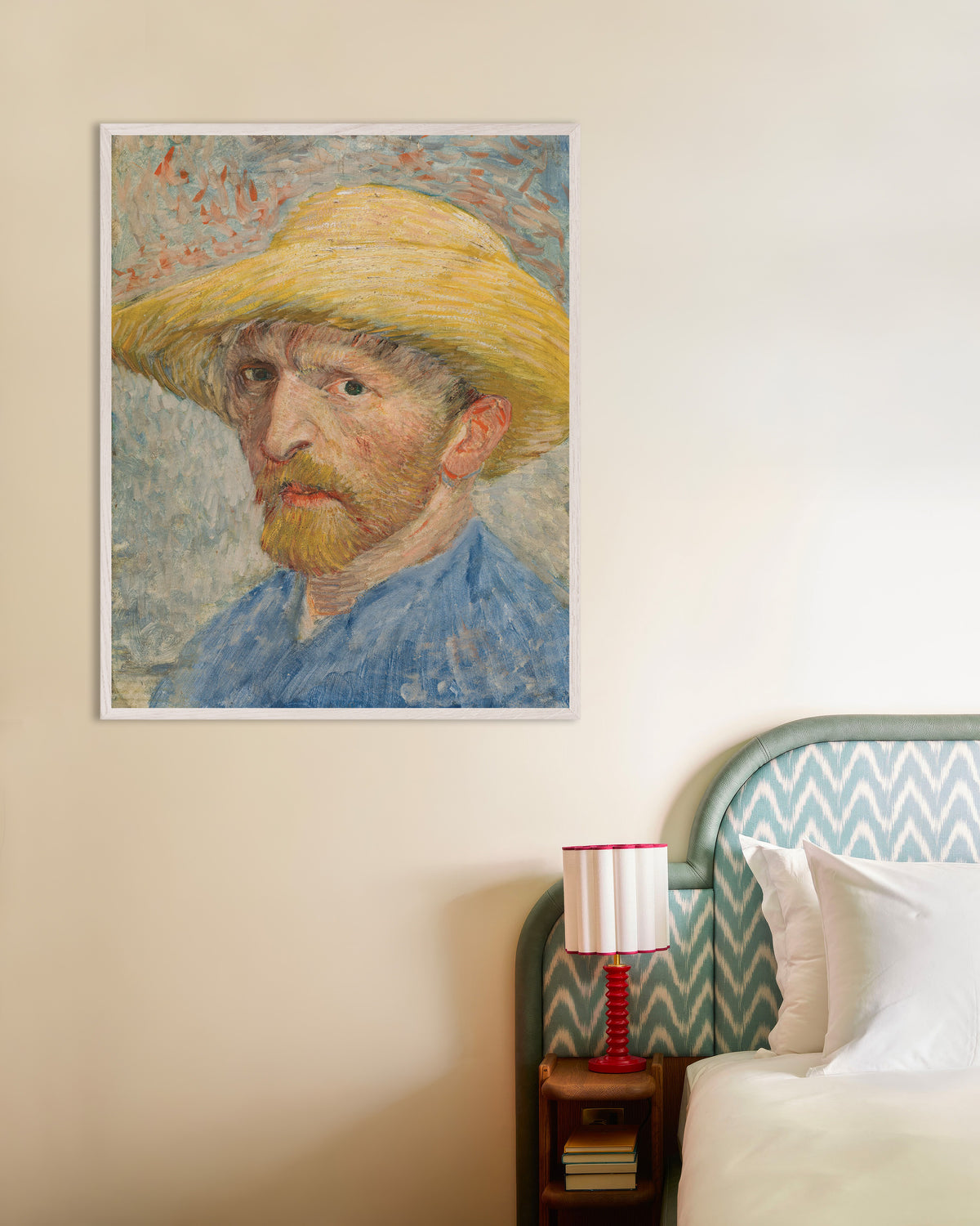 Poster med Selvportræt med stråhat og blå kittel (1887) af Vincent van Gogh, med hvid træramme