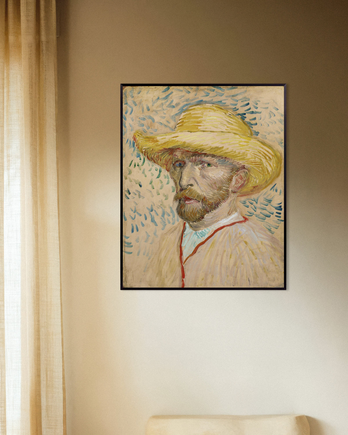 Poster med Selvportræt med stråhat og malerkittel (1887) af Vincent van Gogh, med metalramme