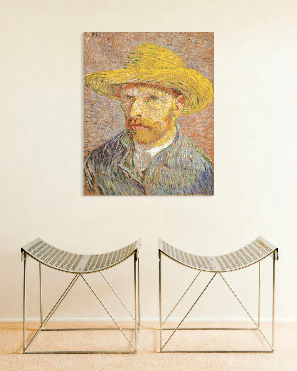 Poster af Selvportræt med stråhat på orange baggrund (1887) af Vincent van Gogh