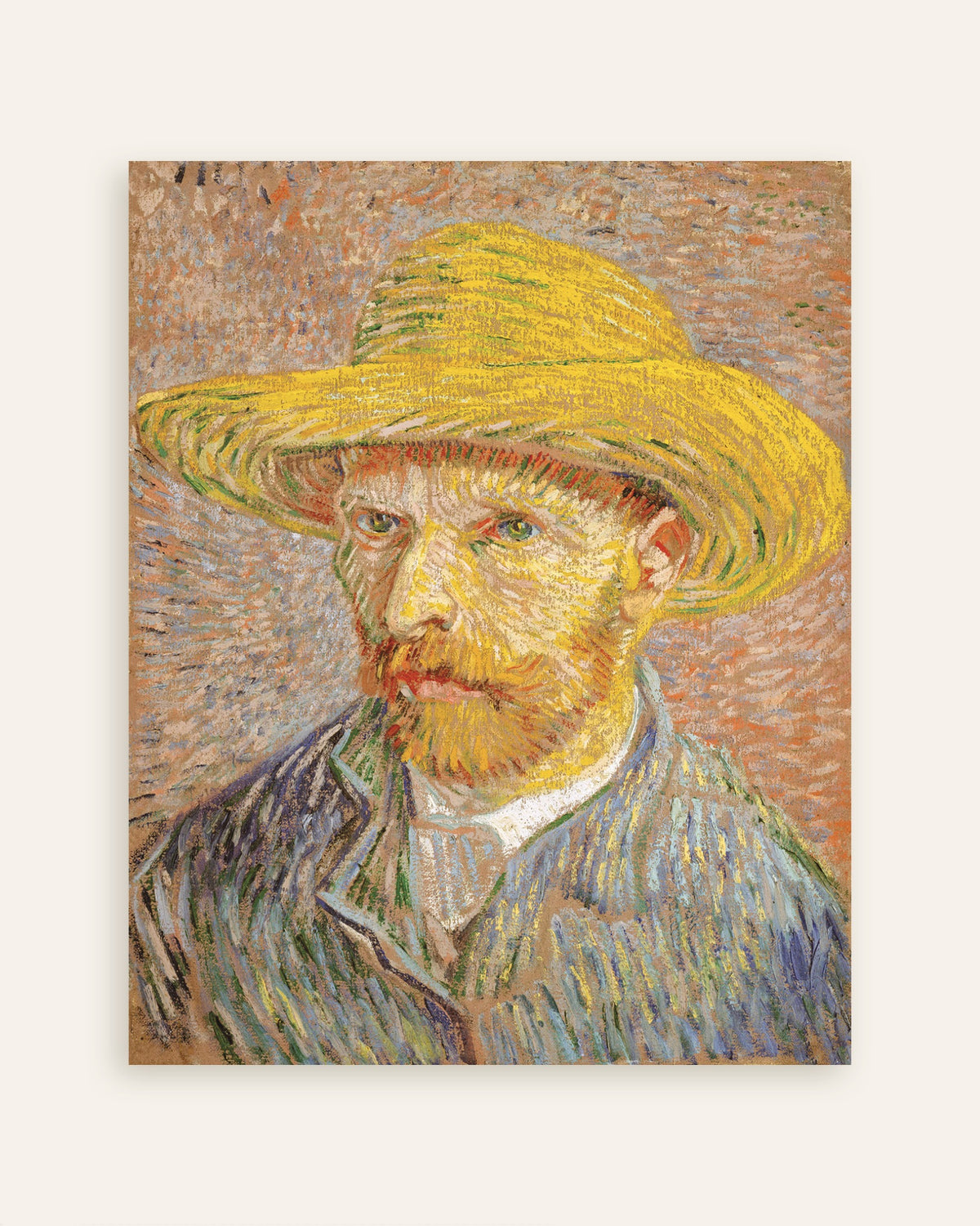 Poster af Selvportræt med stråhat på orange baggrund (1887) af Vincent van Gogh, miniature