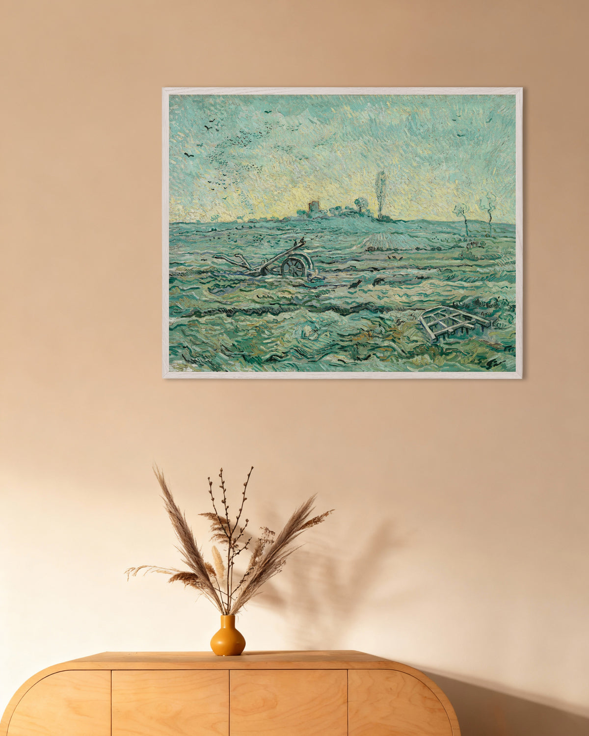 Poster med Snedækket mark med en harve, efter Millet (1890) af Vincent van Gogh, med hvid træramme