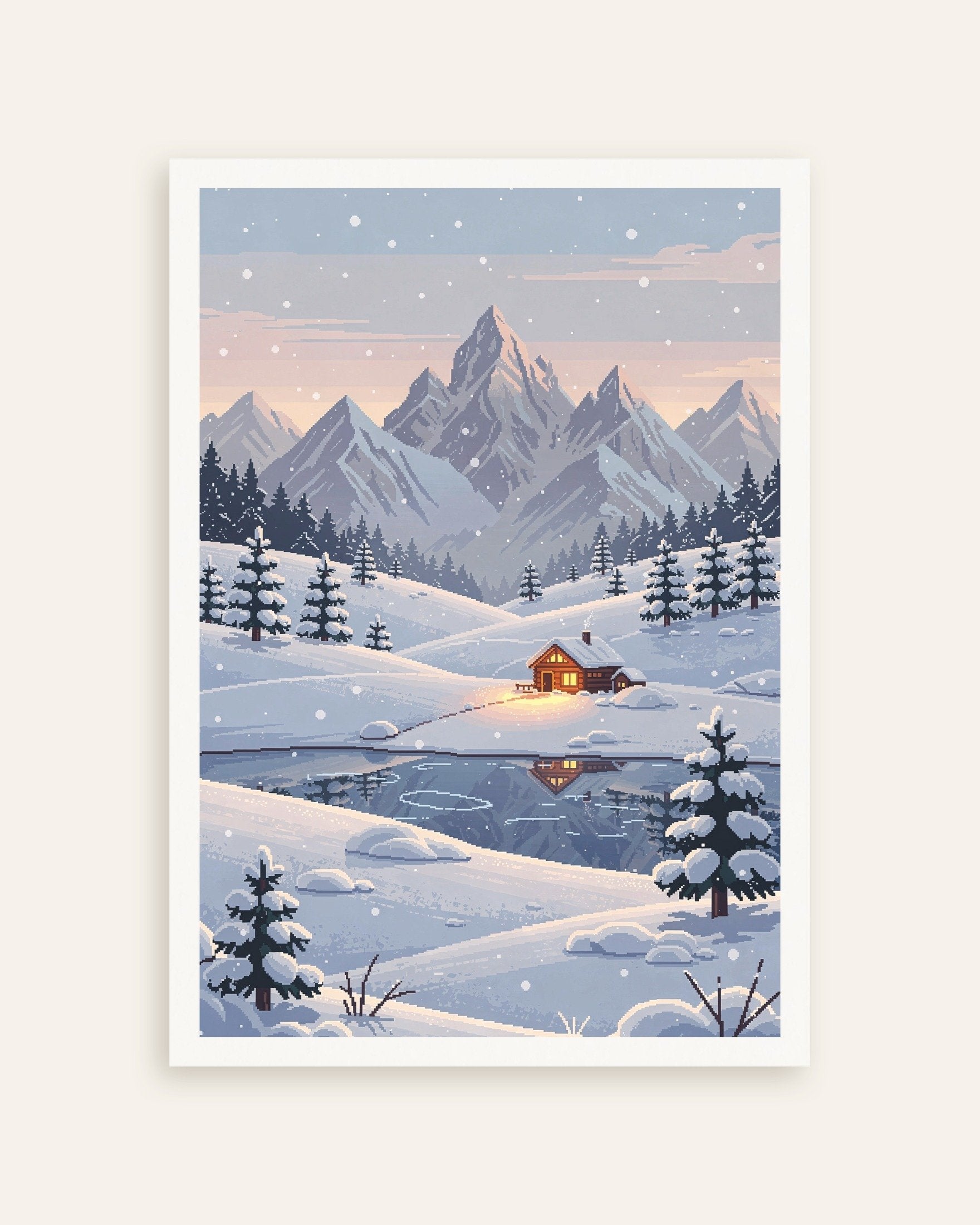 Poster of Snowy Mountain Cabin - Pixel Art Poster, thumbnail