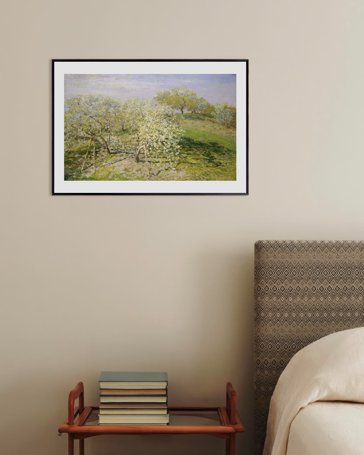 Plakat Forår, blomstrende frugttræer (1873) af Claude Monet med metalramme
