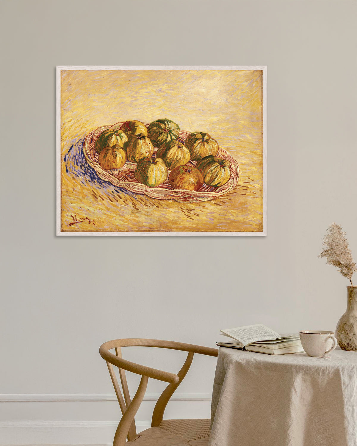 Poster af Stilleben med kurv med æbler (1887) af Vincent van Gogh med hvid træramme