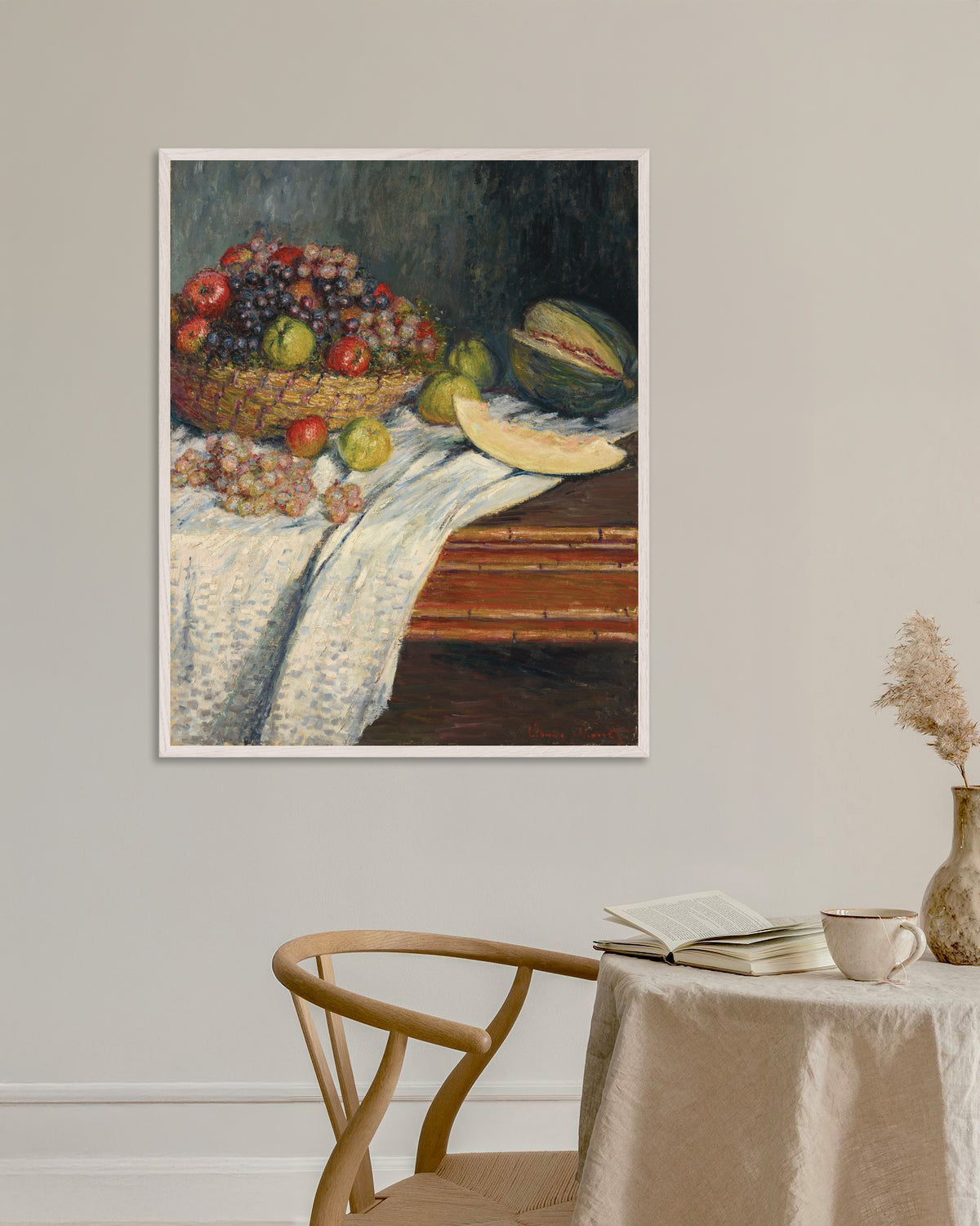 Plakat Opstilling med melon (1879) af Claude Monet med hvid træramme